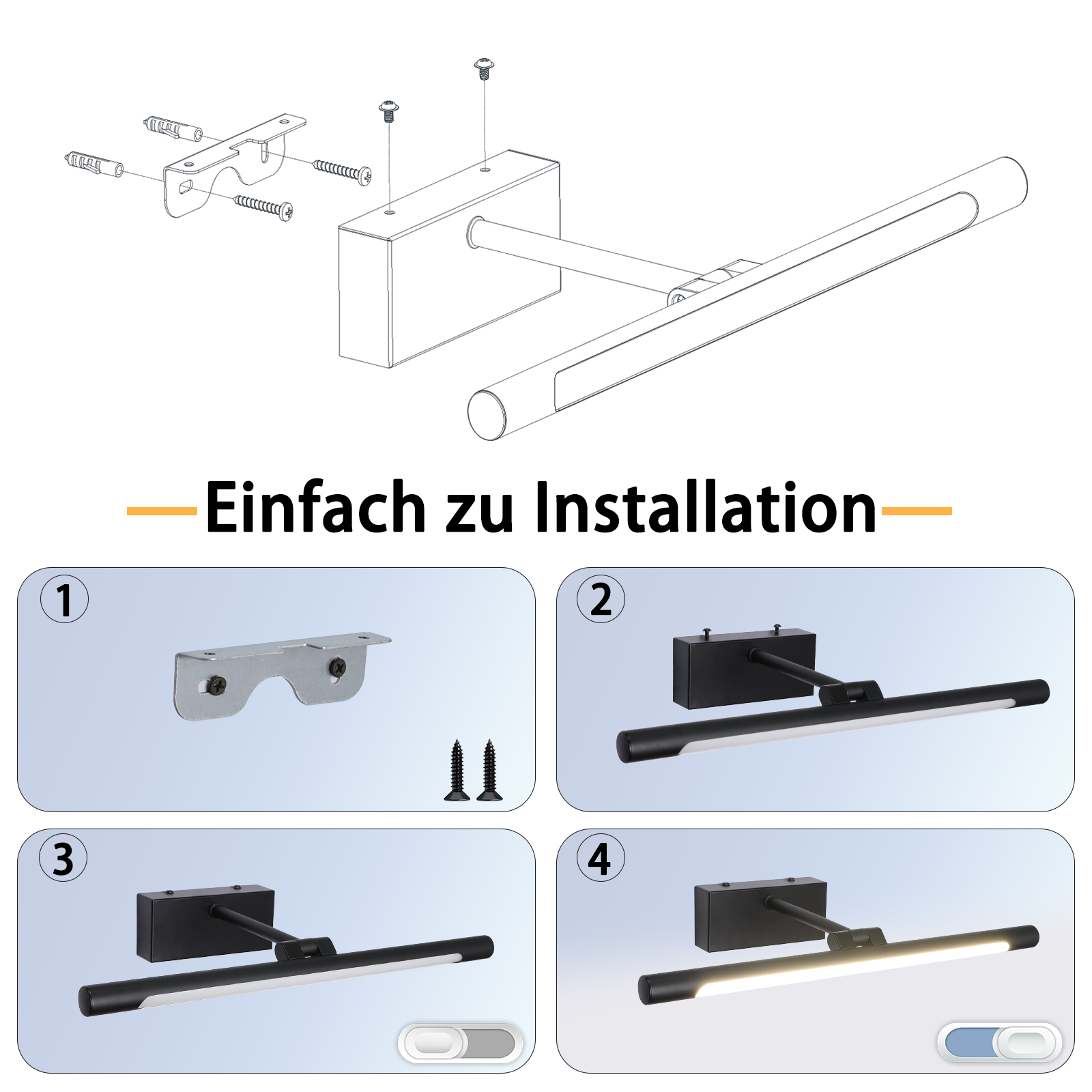 Diagramm, das die Installation einer schwarzen Wandleuchte zeigt. Schritt-für-Schritt-Anleitung mit Abbildungen.