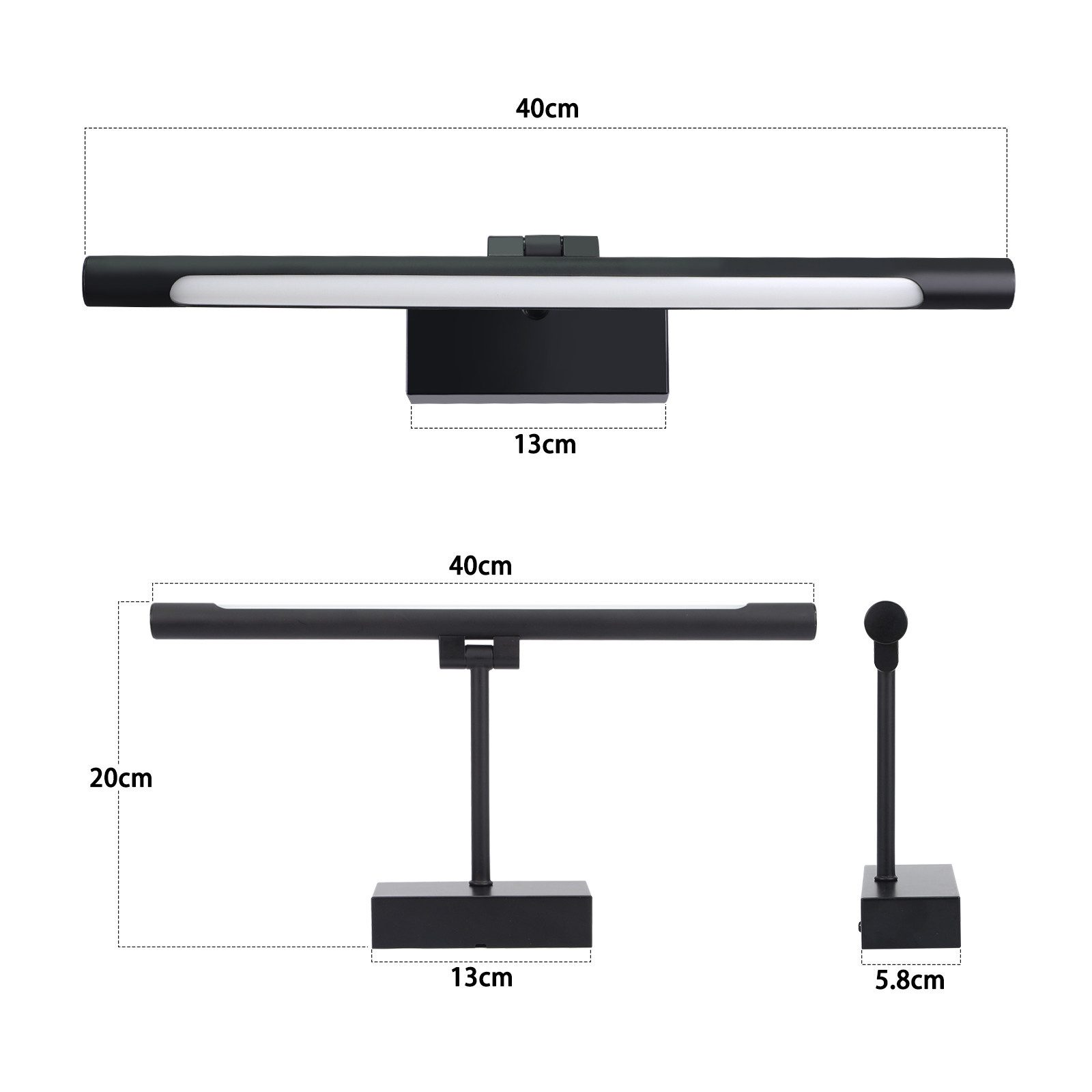 Schwarze LED-Leuchten, mit Maßen. Eine ist montiert, die andere ein Ständer.