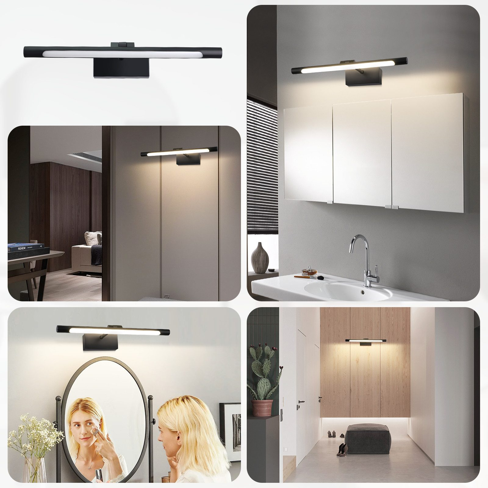 Immagini multiple di un apparecchio di illuminazione a LED nero installato in diverse ambientazioni: bagno, specchio e corridoio.