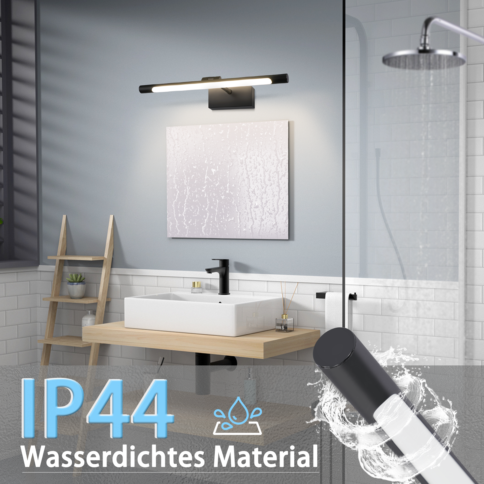 Badezimmer mit Spiegel, Waschbecken und wasserdichter IP44 LED-Leuchte.