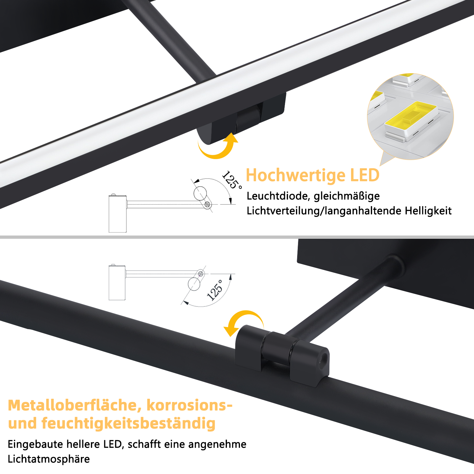 Schwarze Wandleuchte mit verstellbarem Arm. Zeigt Lichtverteilung und Korrosionsbeständigkeitsdetails.