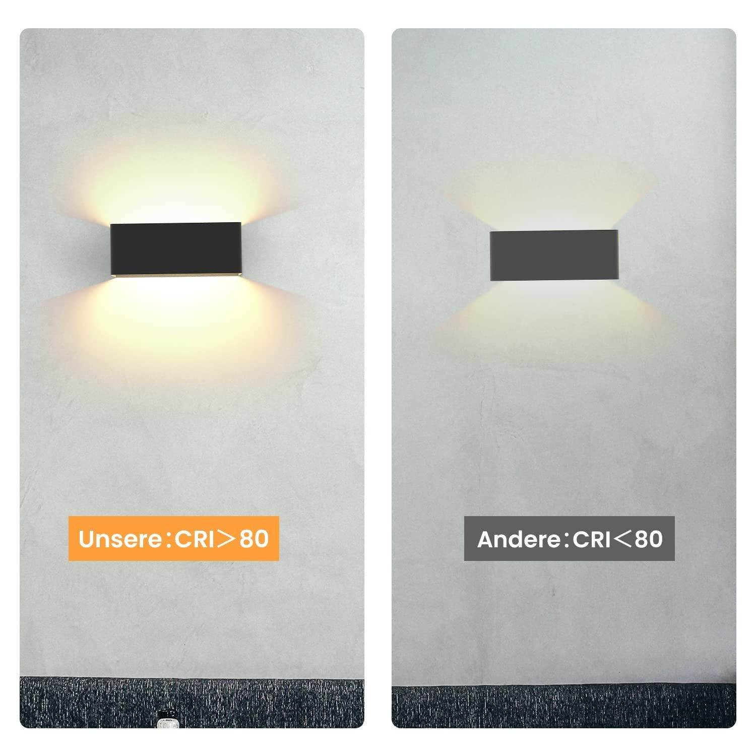 Zwei Wandleuchten, schwarz mit weißem Licht. Eine hat CRI<gt/>80, die andere CRI<lt/>80, beide an einer grauen Wand.