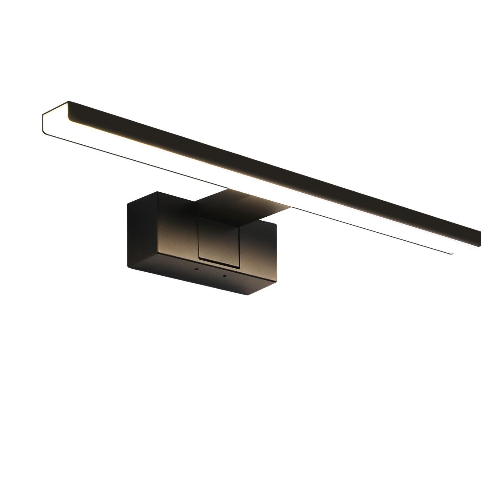 Schwarze rechteckige Wandlampe. Mit langem Lichtbalken und quadratischem Fuß.