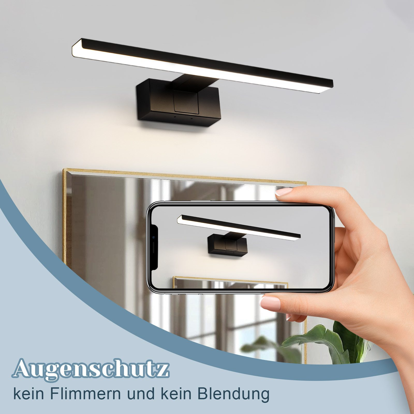 Eine Person hält ein Telefon, das eine Leuchte zeigt. Die Leuchte ist auch an der Wand montiert.