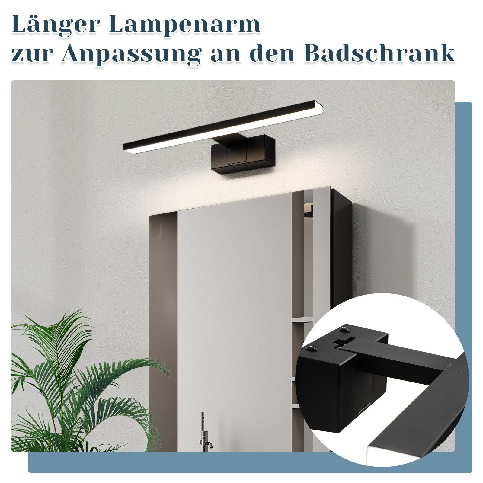 Eine schwarze Lampe über einem Spiegel, mit Nahaufnahme der Halterung.