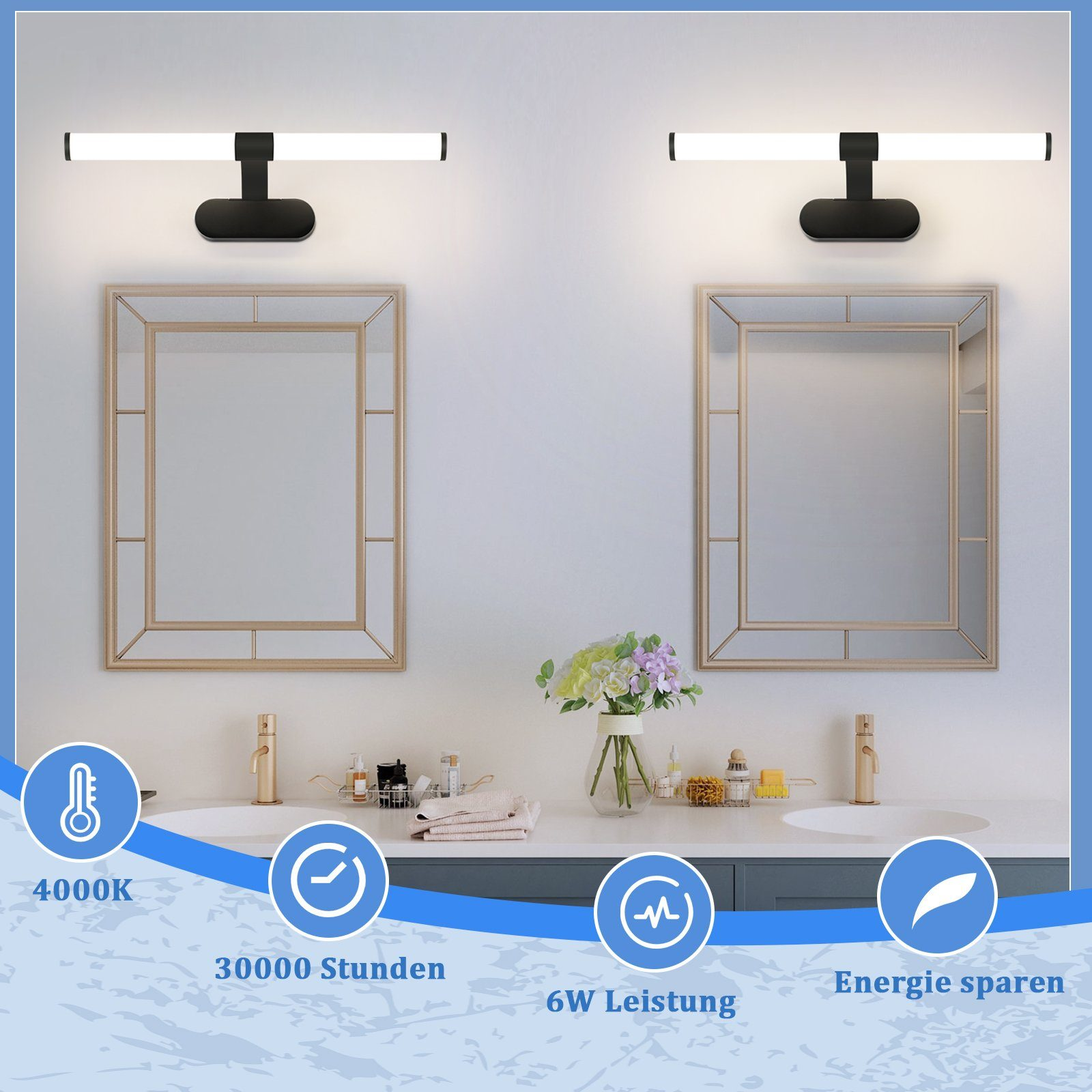 Due specchi illuminati in un bagno. Testo: 4000K, 30000 ore, potenza 6W, risparmio energetico. Fiori in vaso.