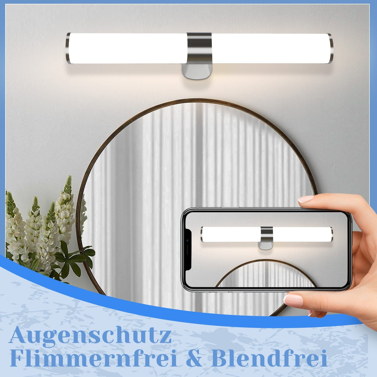 Ein Spiegel mit Licht darüber, ein Telefon zeigt dasselbe Licht.
