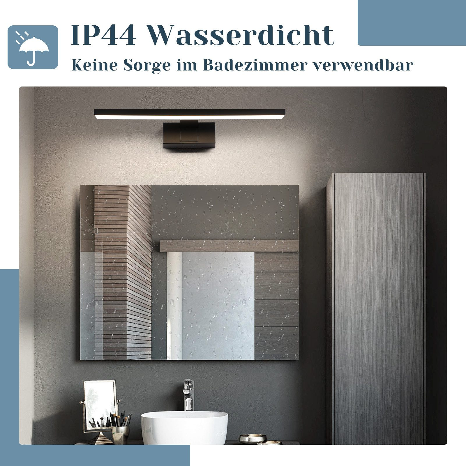 Badezimmerspiegel mit Licht darüber, mit dem Text 'IP44 Wasserdicht'.