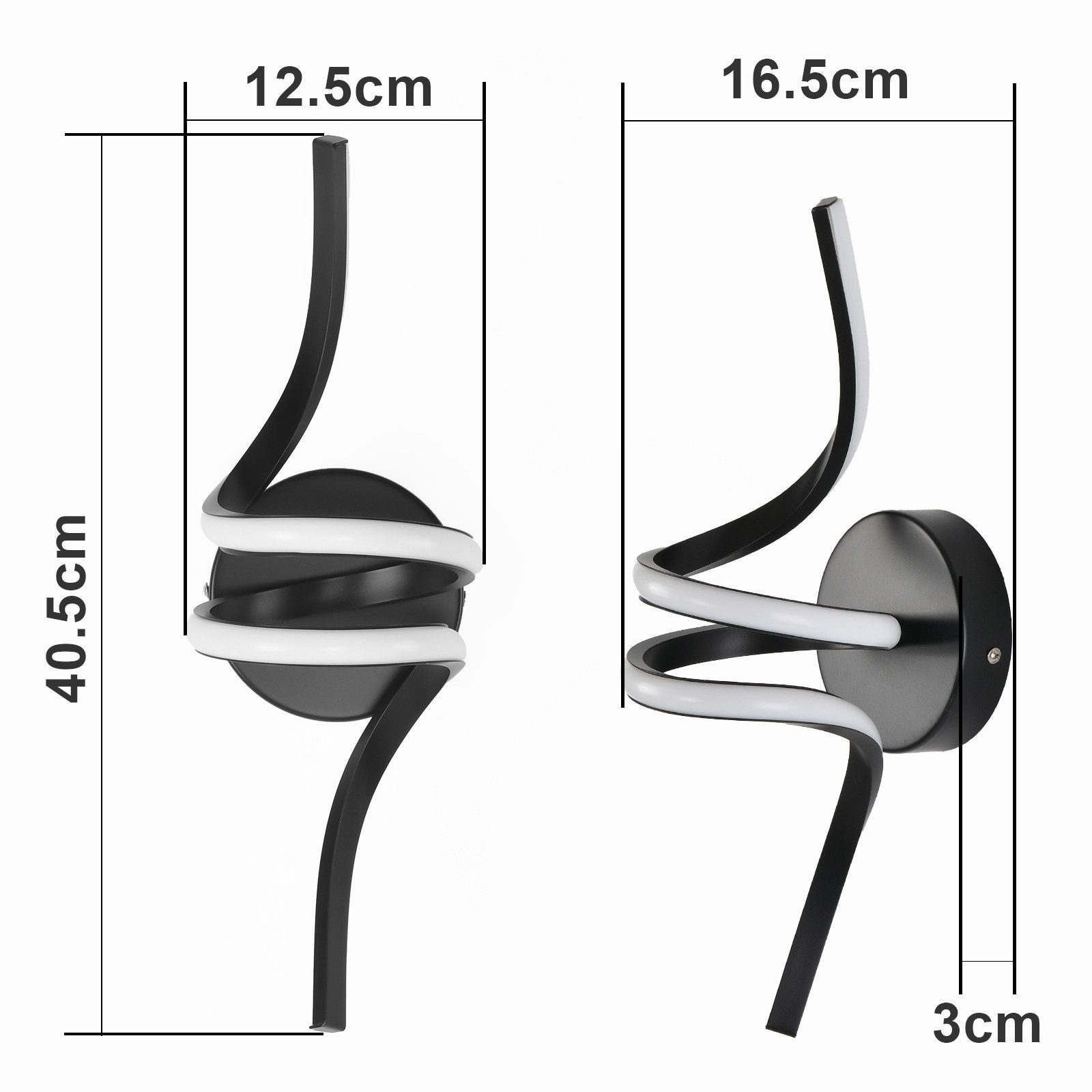 Dos lámparas de pared en blanco y negro con dimensiones indicadas.