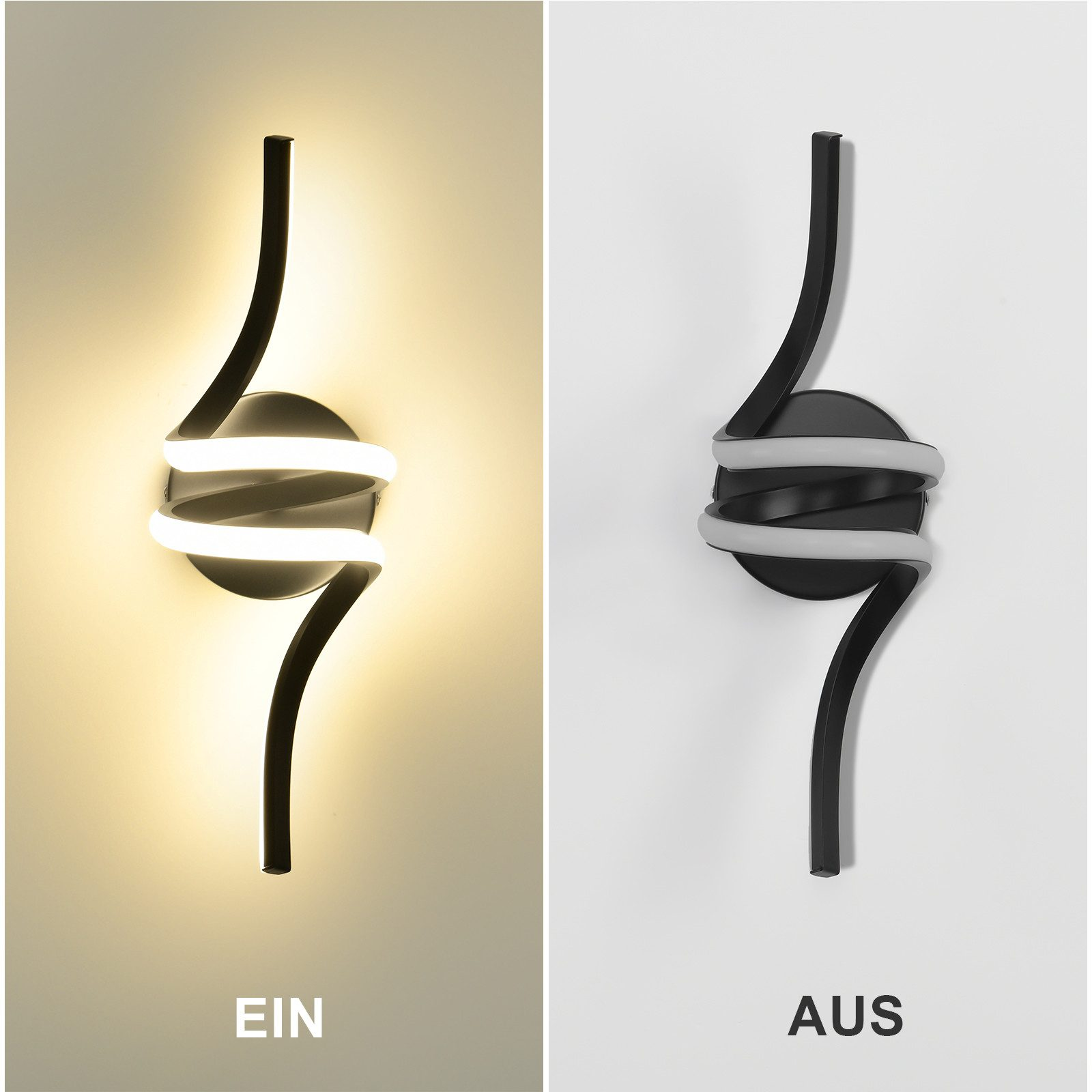 Dos luces montadas en la pared, una encendida, otra apagada, con un diseño en espiral.