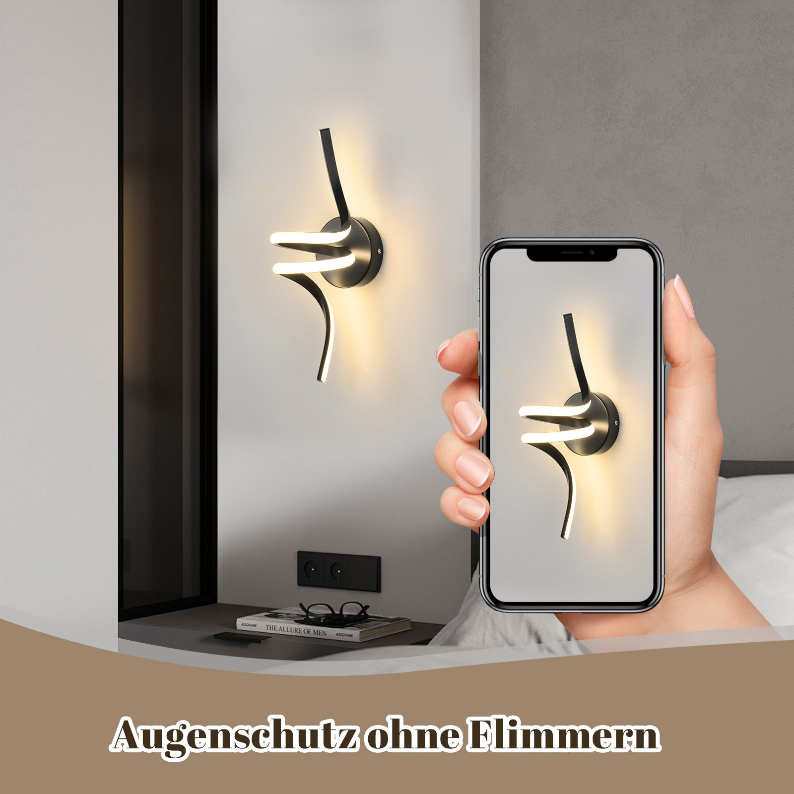 Dos lámparas de pared y un smartphone, una persona sosteniéndolo, mostrando luces.