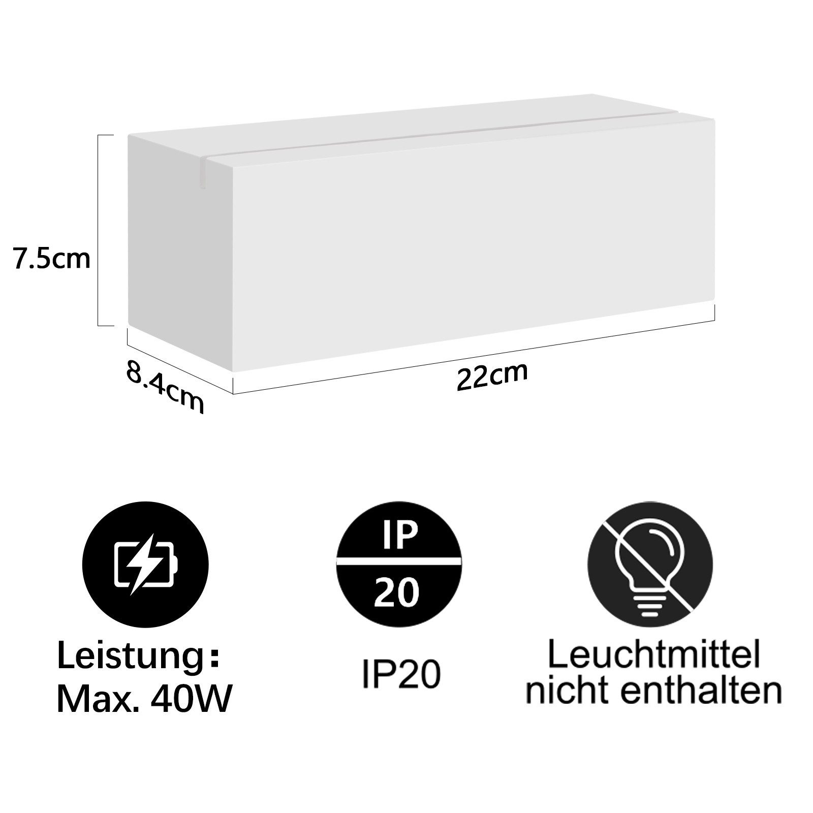 Scatola bianca con dimensioni. Testo in basso: Potenza max. 40W, IP20.