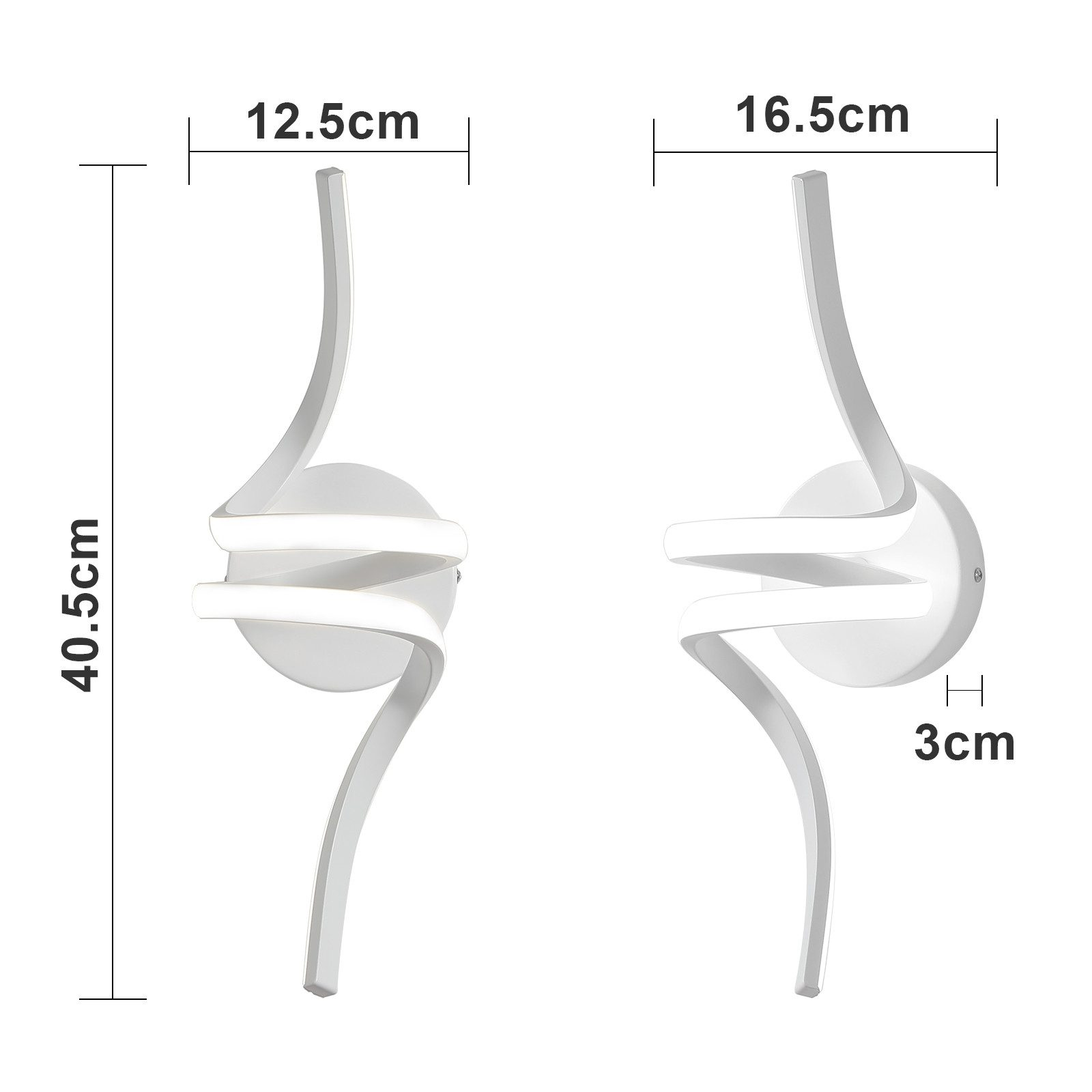 Due lampade da parete bianche con design curvo a onda, dimensioni etichettate su ogni unità.