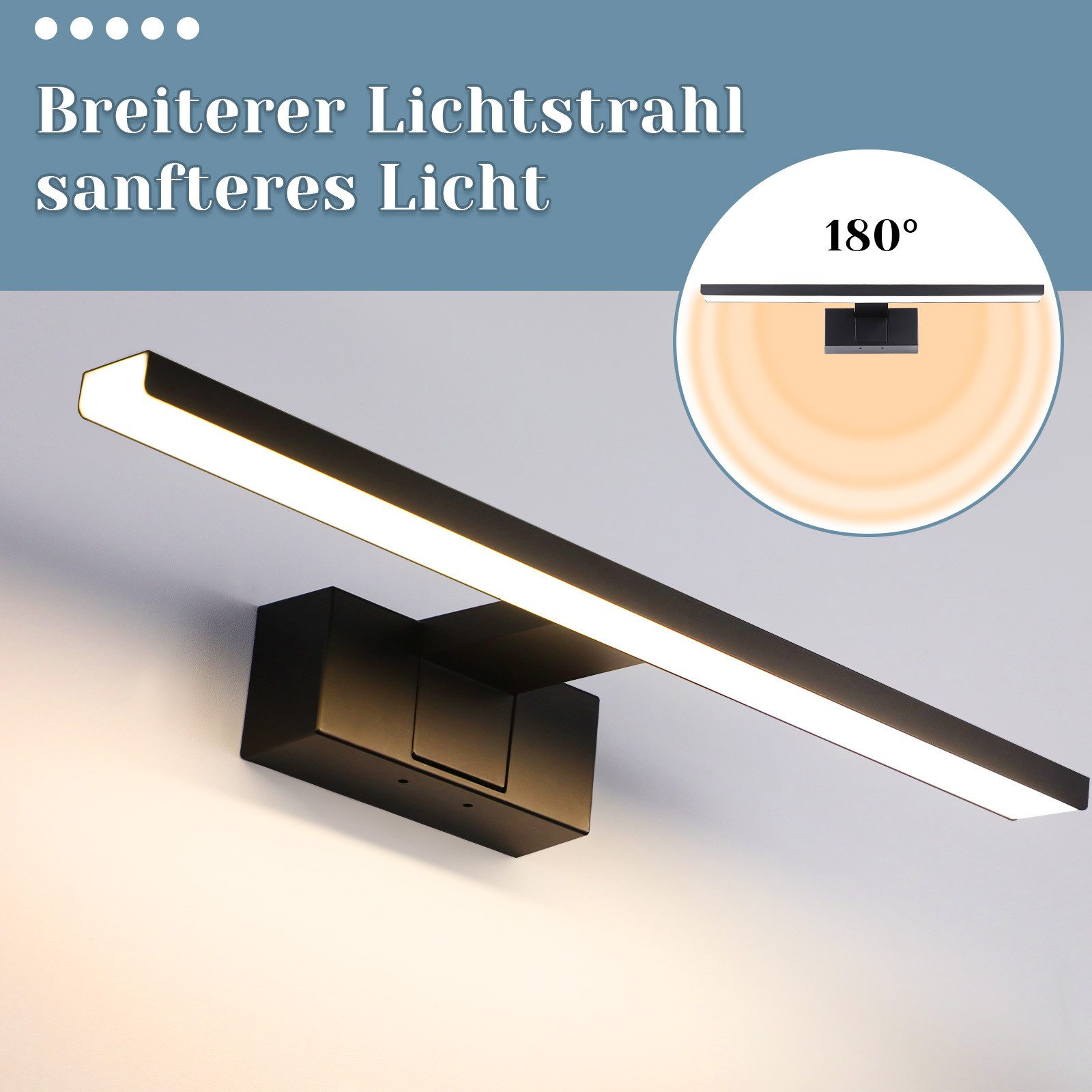 Eine schwarze LED-Wandleuchte, die einen breiten, weichen Lichtstrahl aussendet.