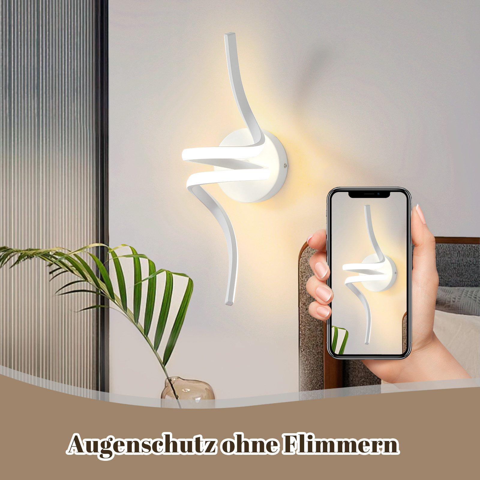 Lampada da parete bianca con telefono che mostra l'immagine e una pianta.