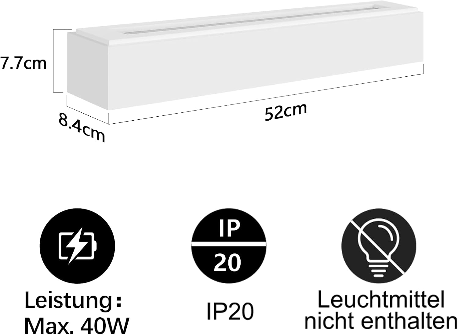 Apparecchio luminoso rettangolare bianco con dimensioni e icone per potenza e IP20.