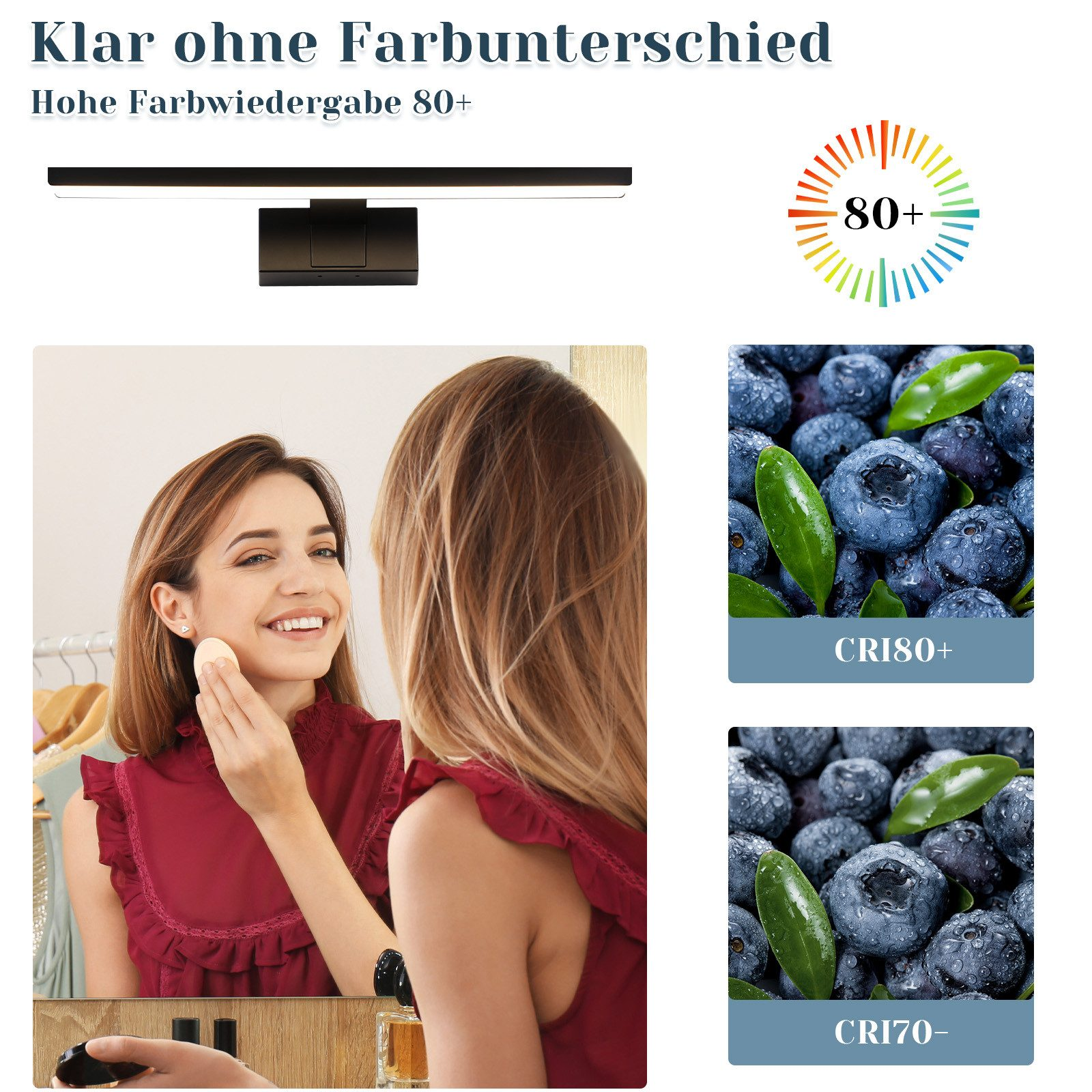 Frau in Rot schminkt sich vor einem Spiegel. Blaubeeren und eine Leuchte sind vorhanden.