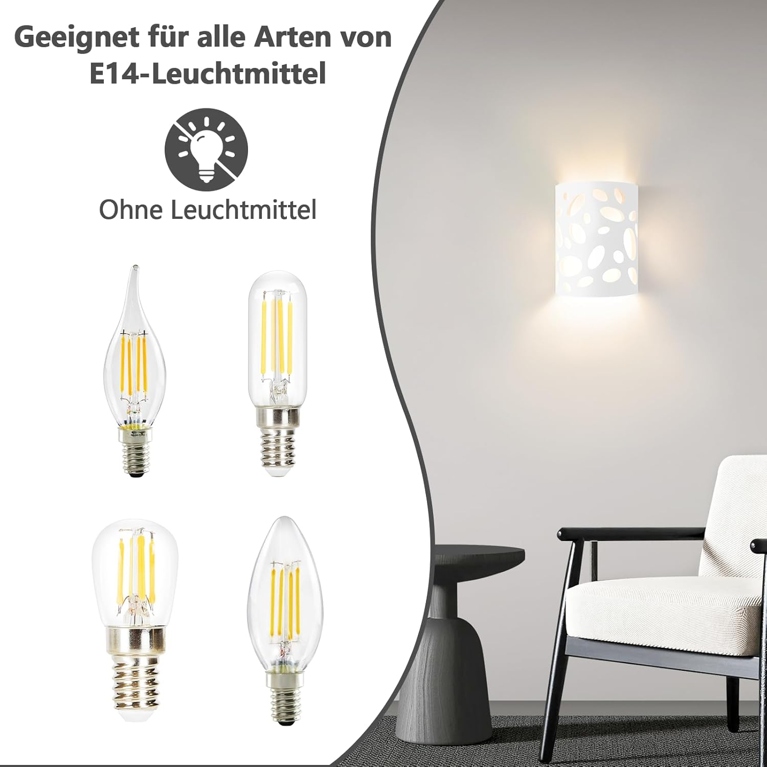 Varie lampadine E14 accanto a una lampada da parete moderna, che dimostrano le opzioni di illuminazione.