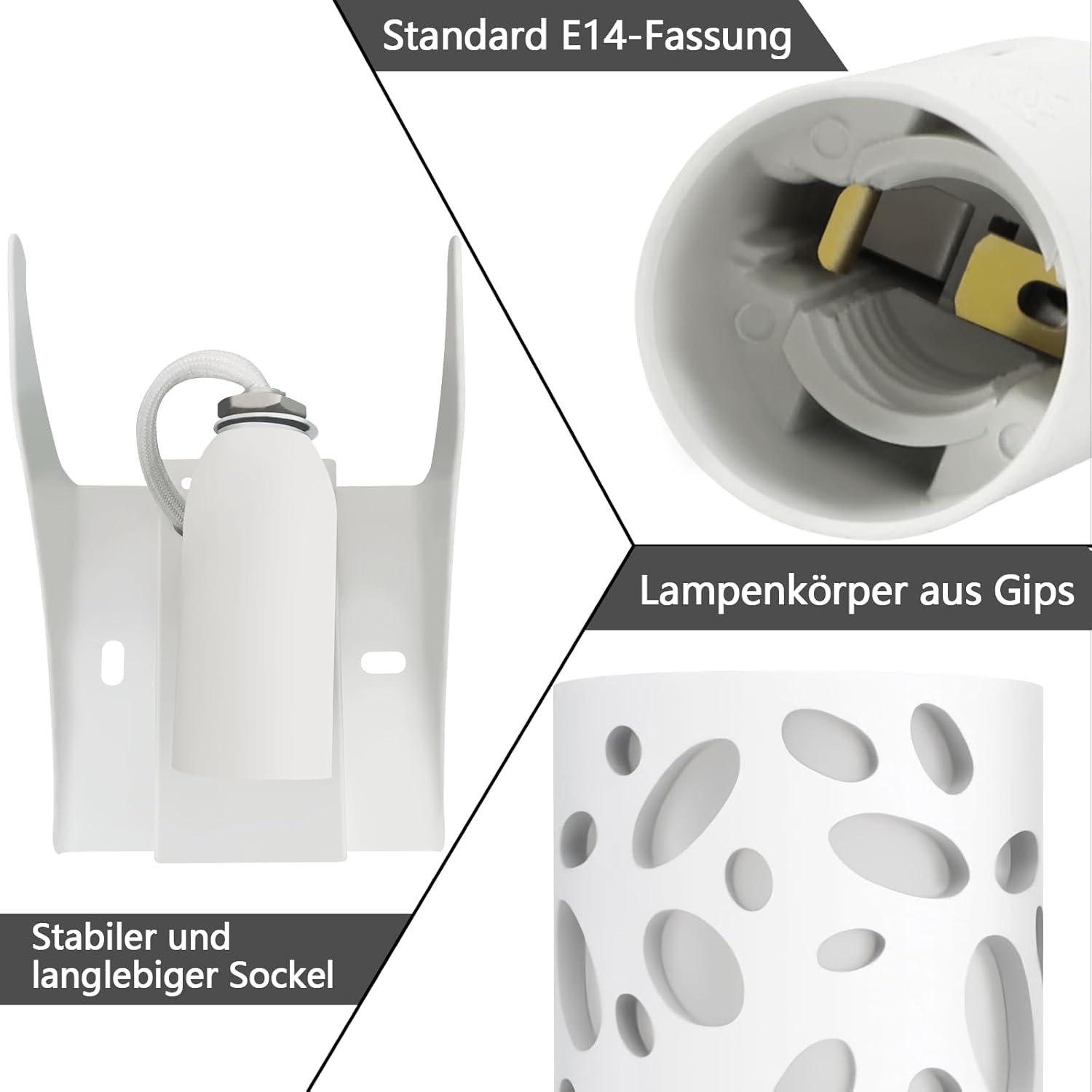Dettagli ravvicinati dei componenti di un apparecchio di illuminazione bianco; presa, supporto e lampadina.