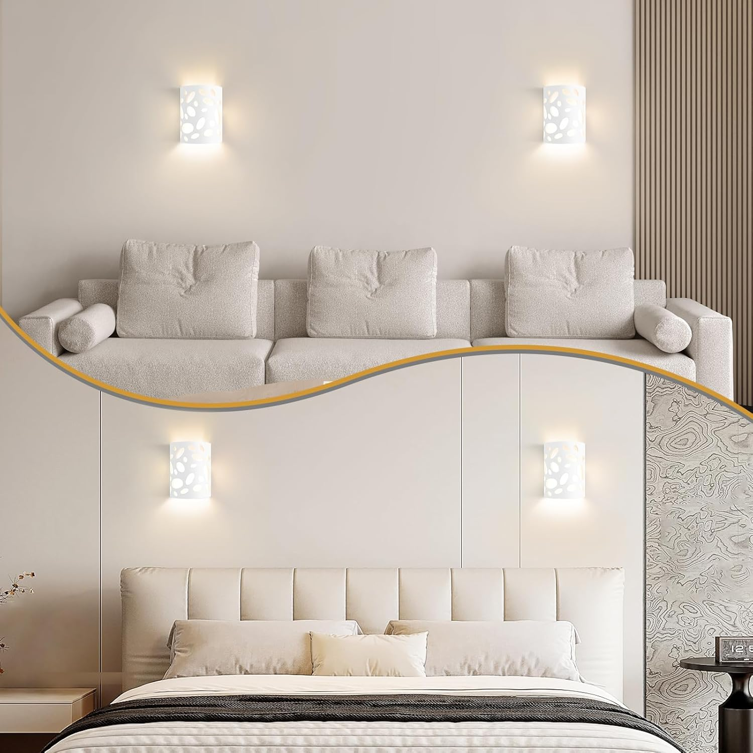 Due scatti interni mostrano due set di applique da parete, uno sopra un divano e l'altro sopra un letto.