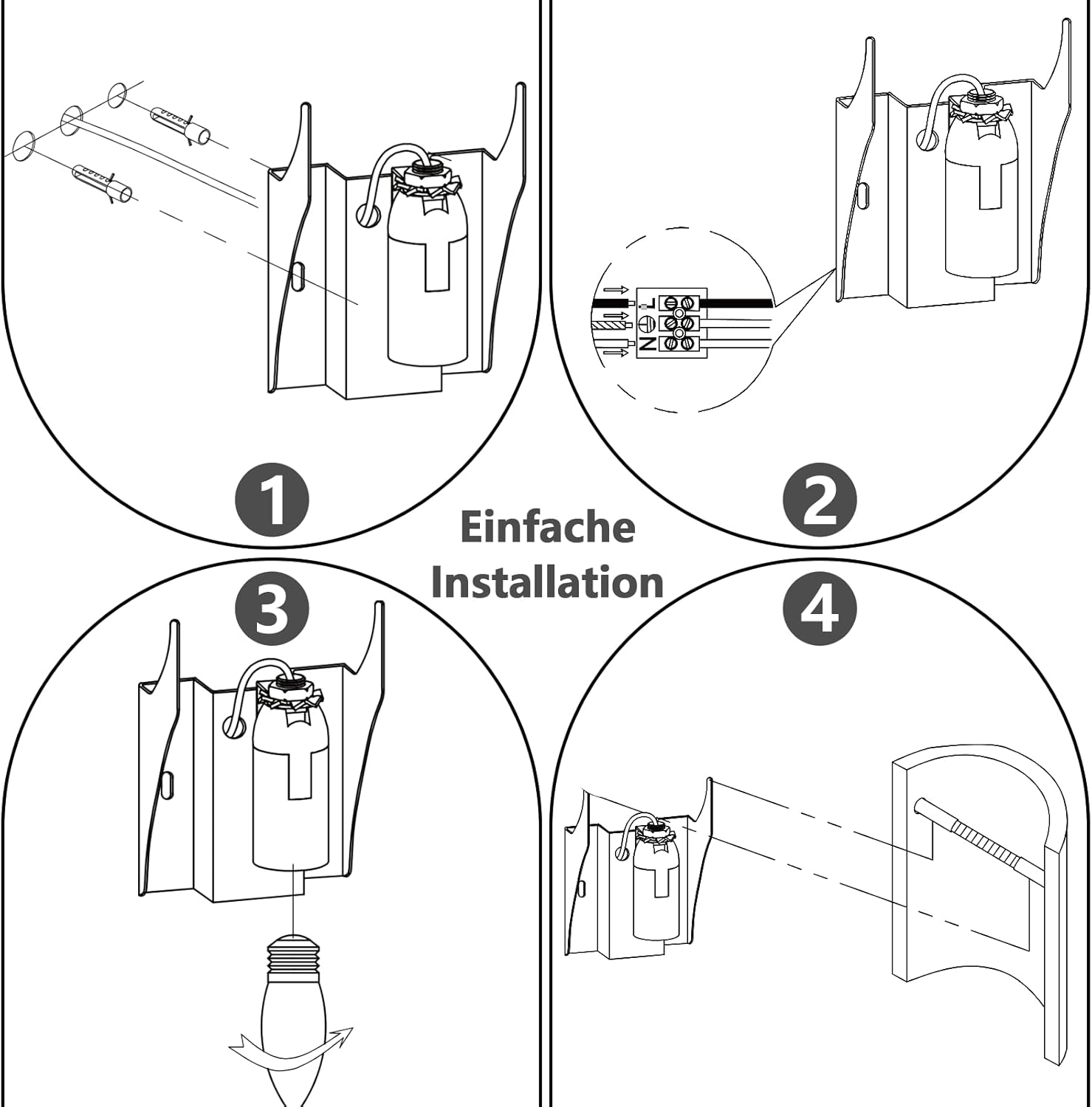 Diagramma in quattro fasi che mostra l'installazione di un apparecchio di illuminazione. Viti, fili e una lampadina.