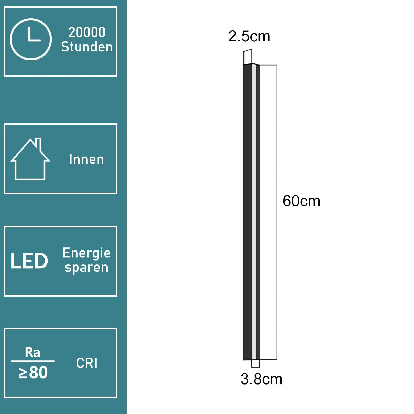 Una luce LED verticale con dimensioni e specifiche. Sono presenti informazioni sul risparmio energetico.