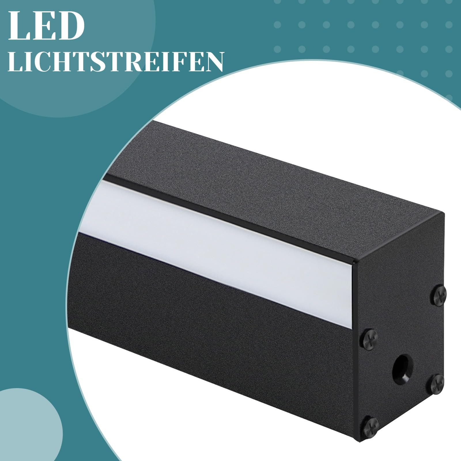 Primo piano di una striscia luminosa a LED nera con una sezione di luce bianca. La luce è su sfondo nero.