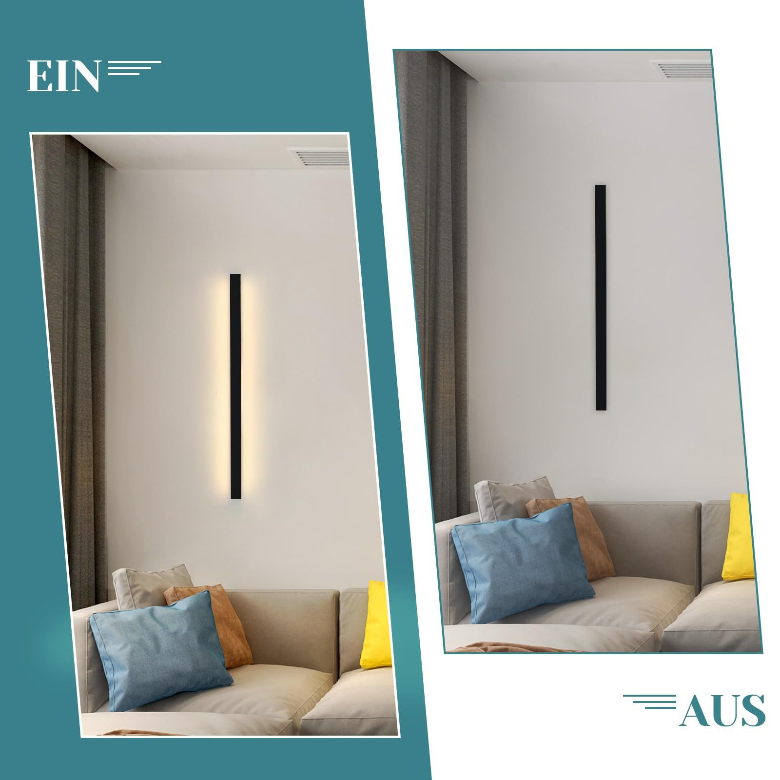Due immagini mostrano una lampada da parete nera su un muro bianco sopra un divano beige con cuscini.