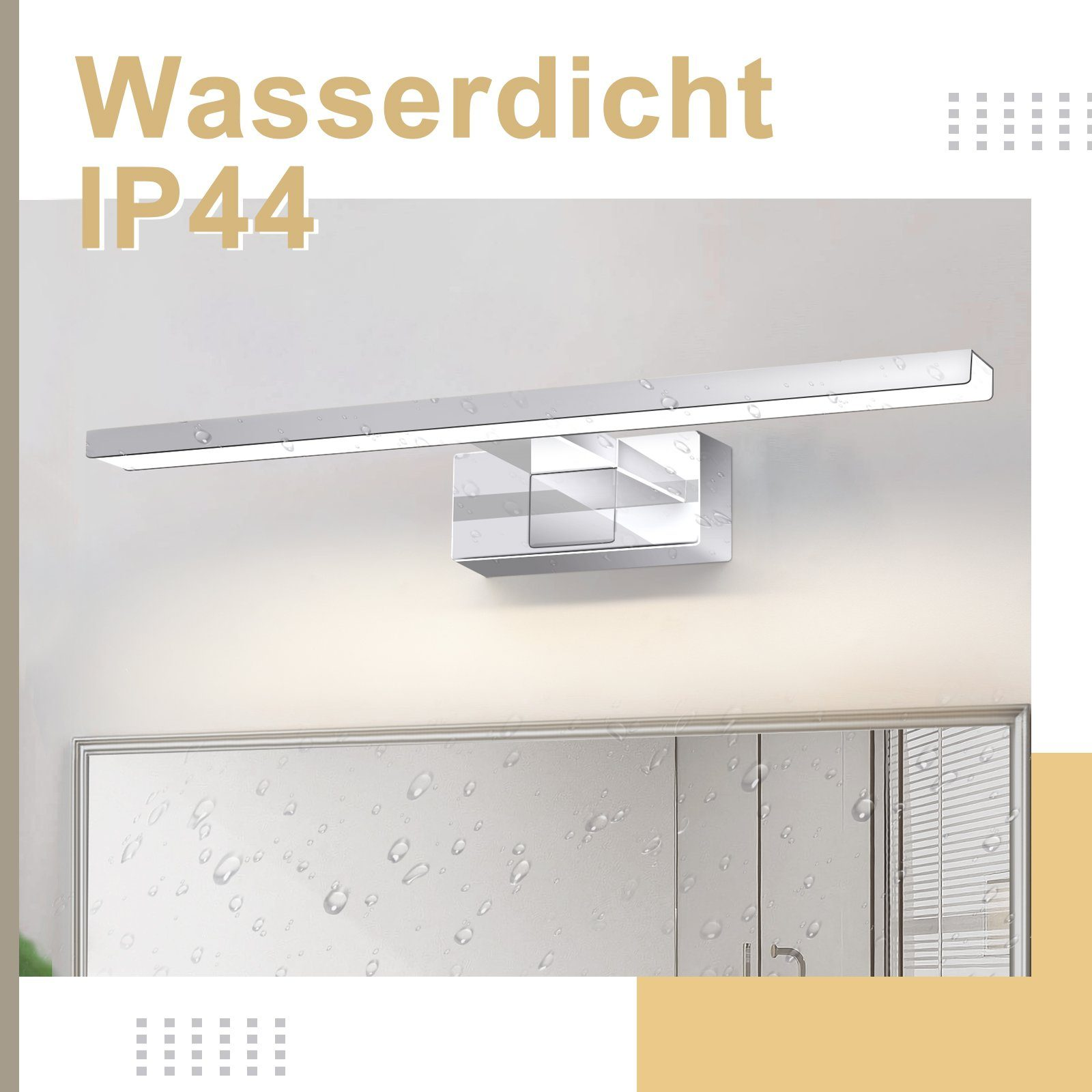 Una luce da bagno bianca impermeabile IP44 sopra uno specchio con gocce d'acqua.
