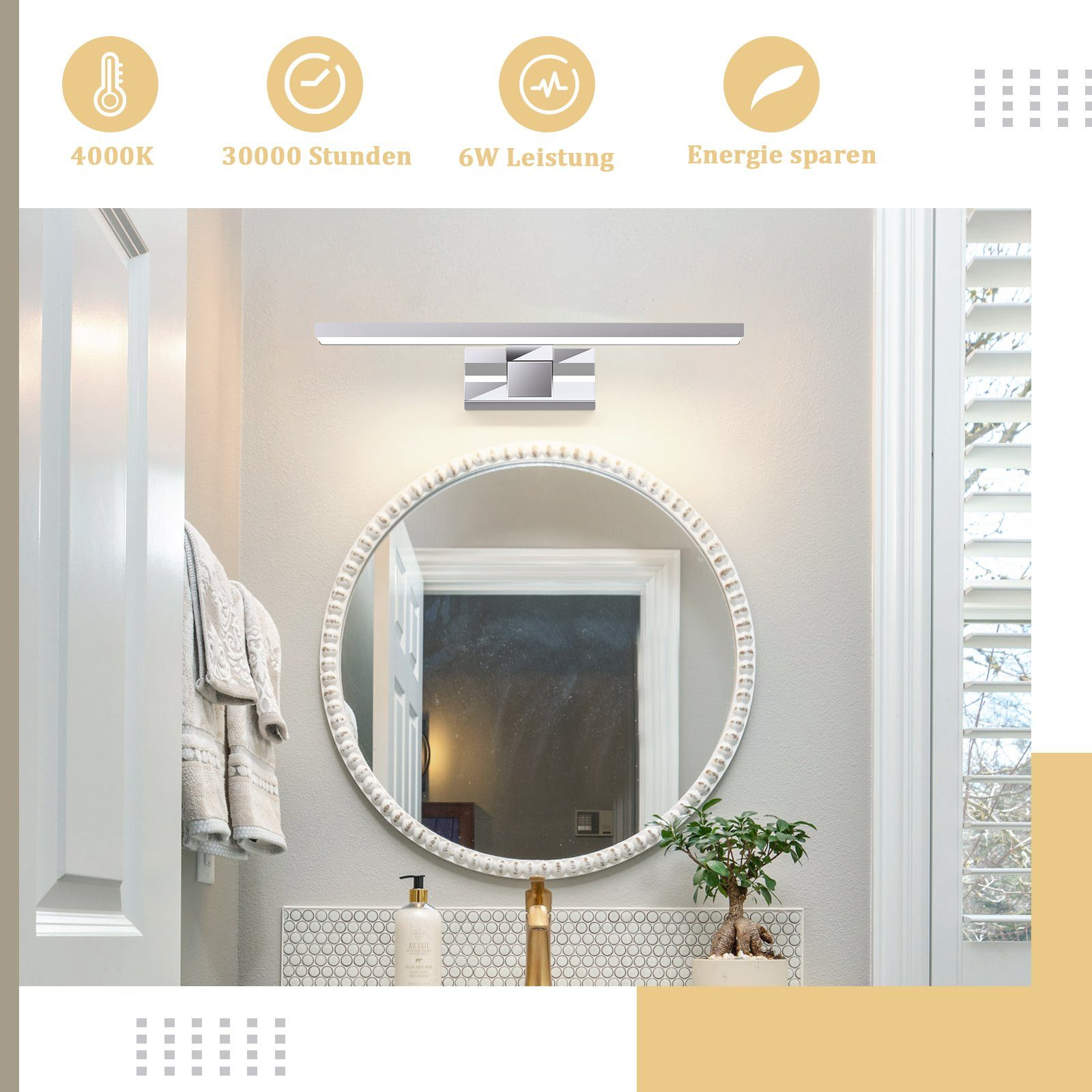 Un bagno con specchio e lampada. Sono visibili uno specchio rotondo e una pianta.