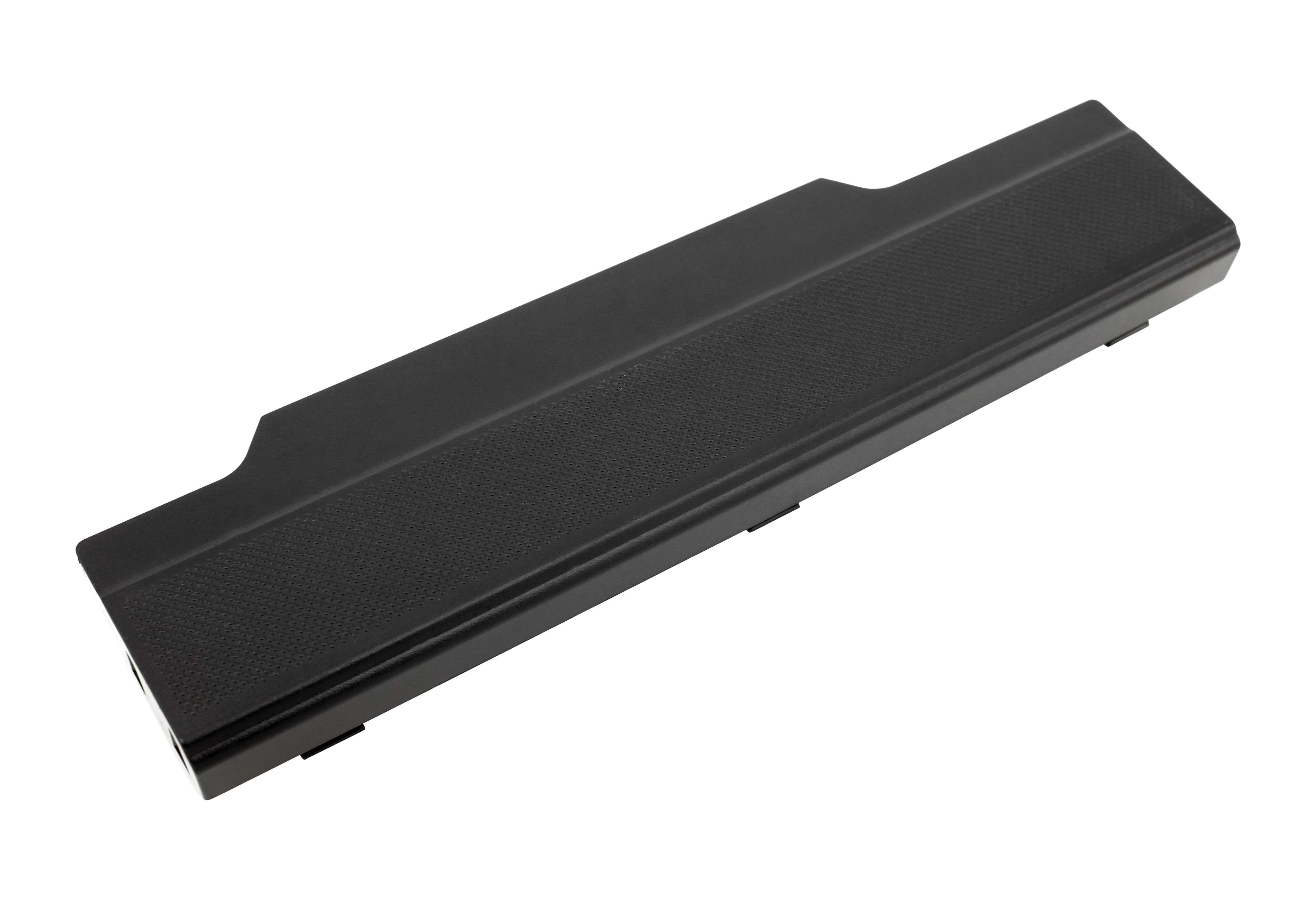 Ein flacher, schwarzer Laptop-Akku, aus einem Winkel betrachtet, mit strukturierter Oberfläche.