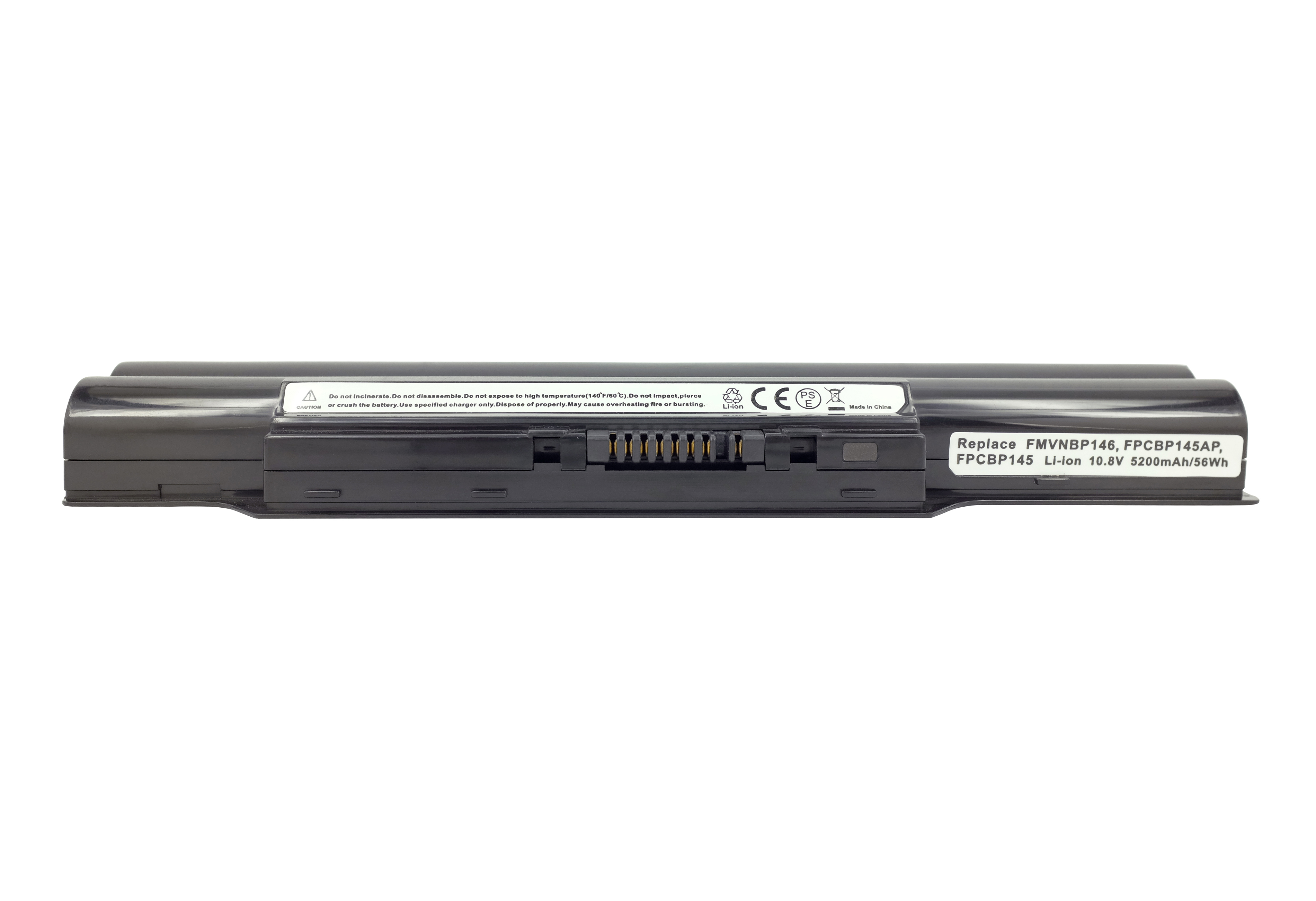 Ein schwarzer Laptop-Akku mit Etiketten, die Spezifikationen detaillieren.