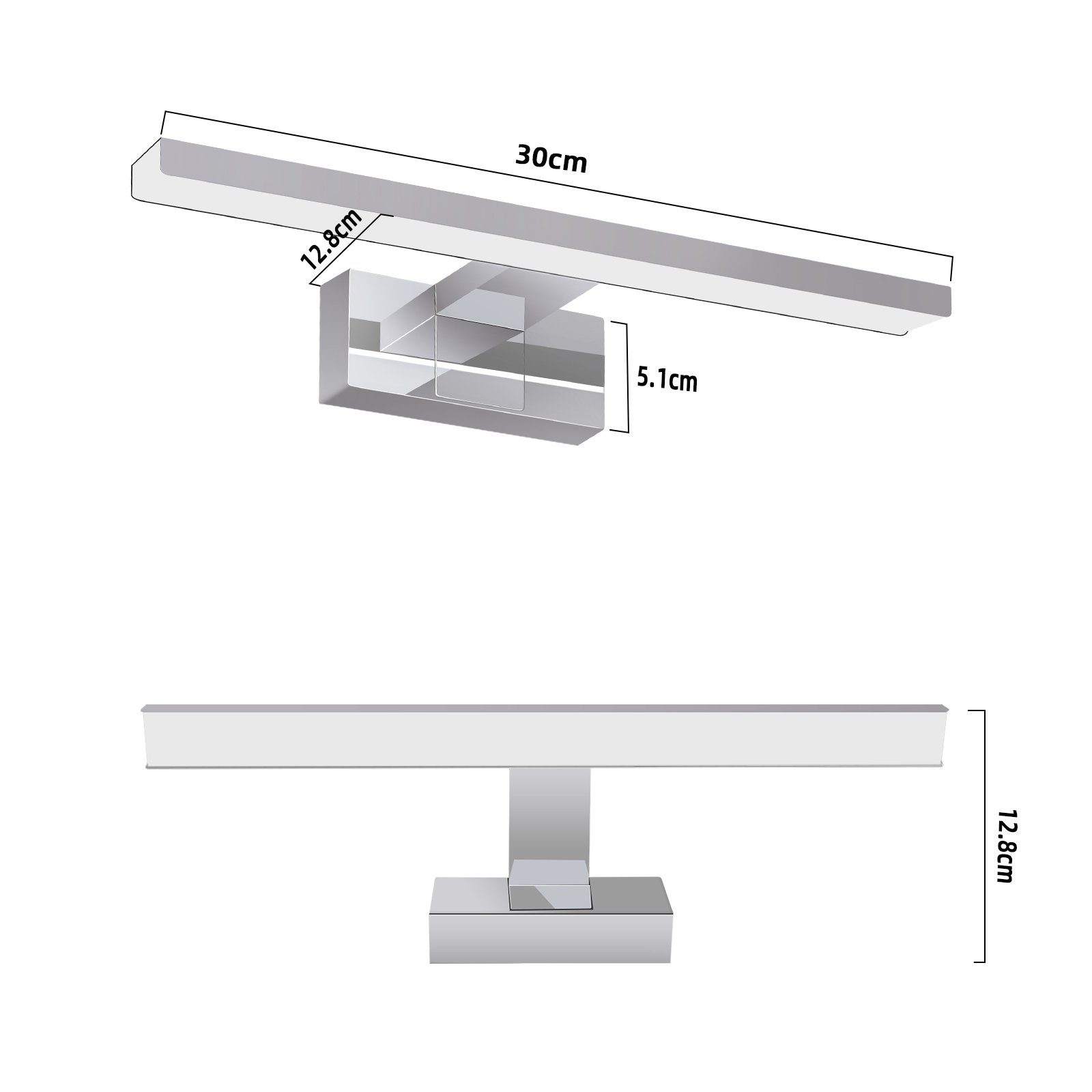 Schema di un'applique. Mostra le dimensioni e una vista laterale, con una luce e una base rettangolari.