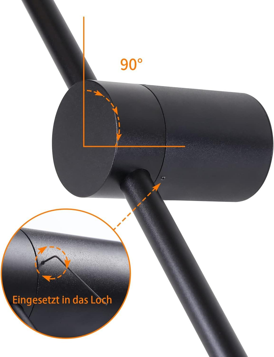 Primo piano di una lampada nera con freccia che mostra l'angolo di regolazione.