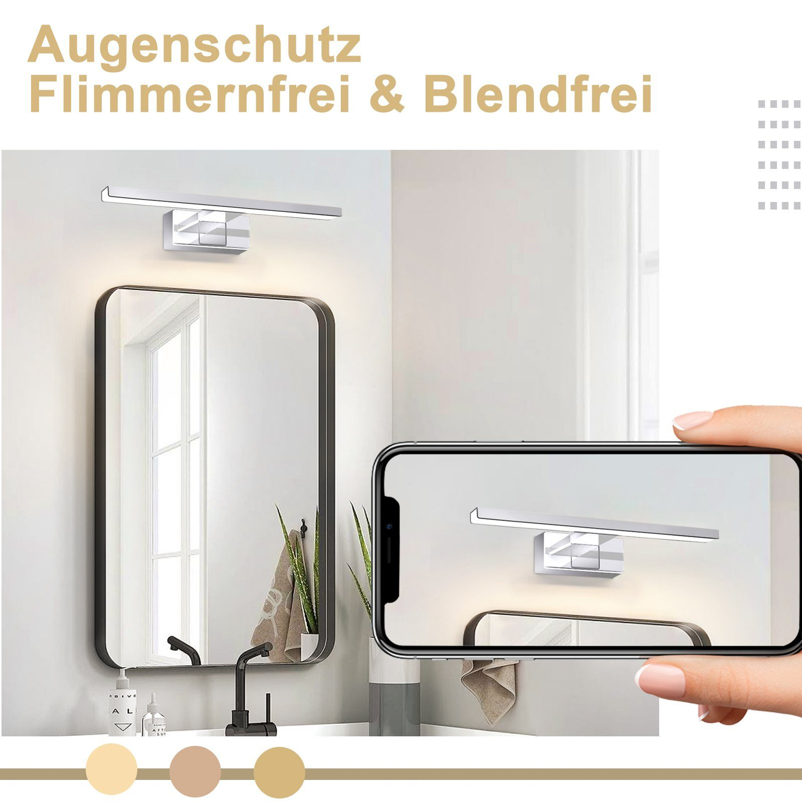 Scena bagno con specchio, luce moderna e telefono che mostra la luce.