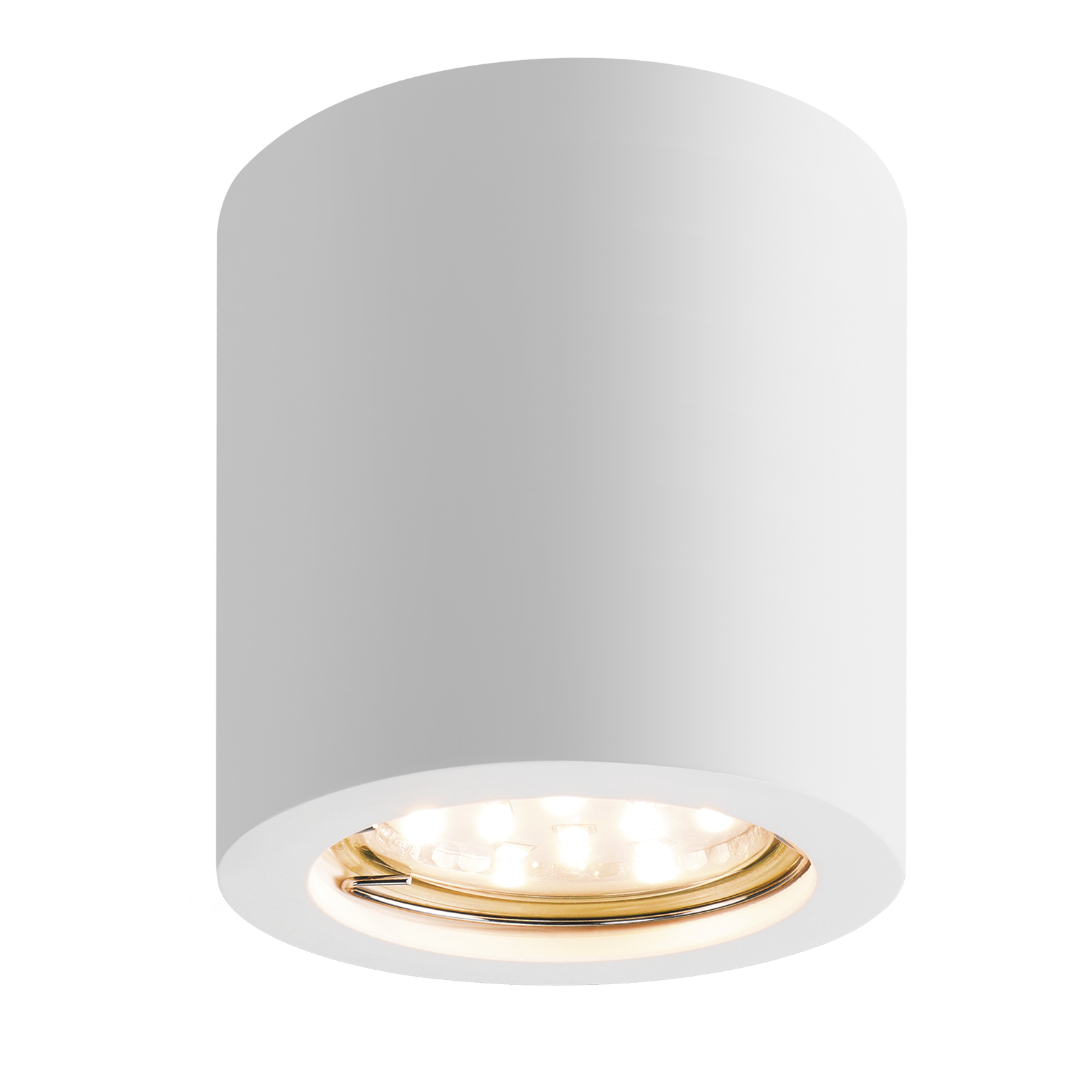 Biała, cylindryczna lampa sufitowa z wpuszczonym źródłem światła.