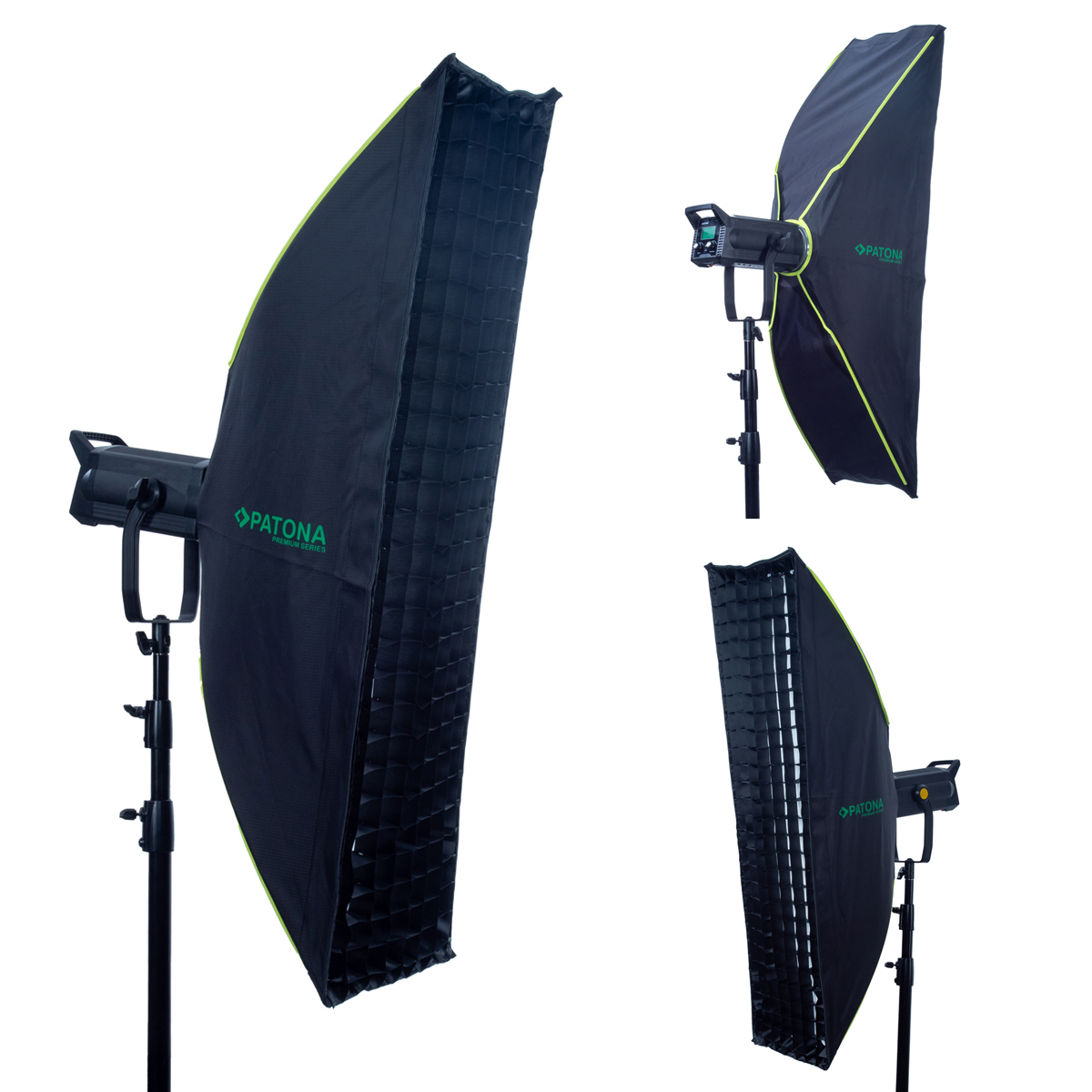 Drei schwarze und grüne Studio-Softboxen mit Lichtern auf Ständern und weißem Hintergrund.