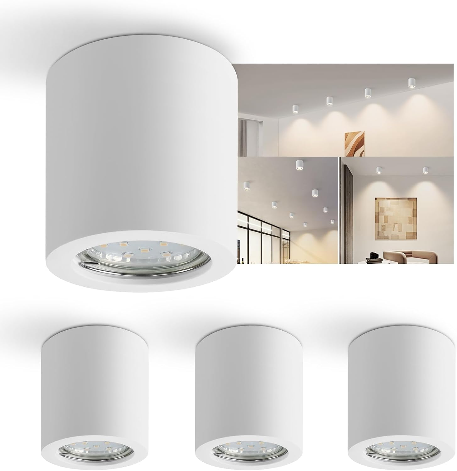 Tres luces de techo cilíndricas blancas. Una luz se muestra instalada con otras luces.