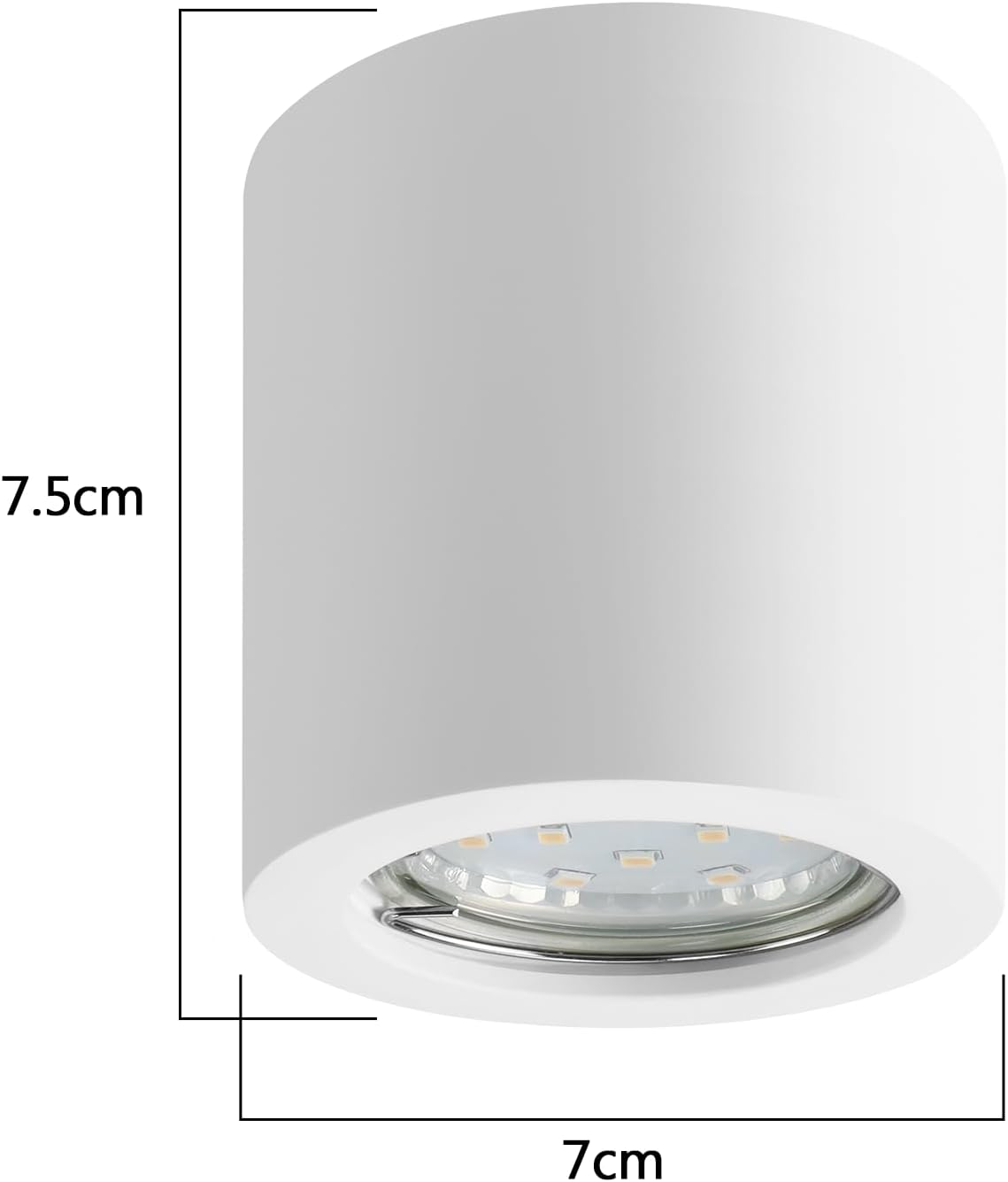 Luz de techo cilíndrica blanca. La parte inferior tiene pequeñas luces en el interior con un anillo plateado alrededor.