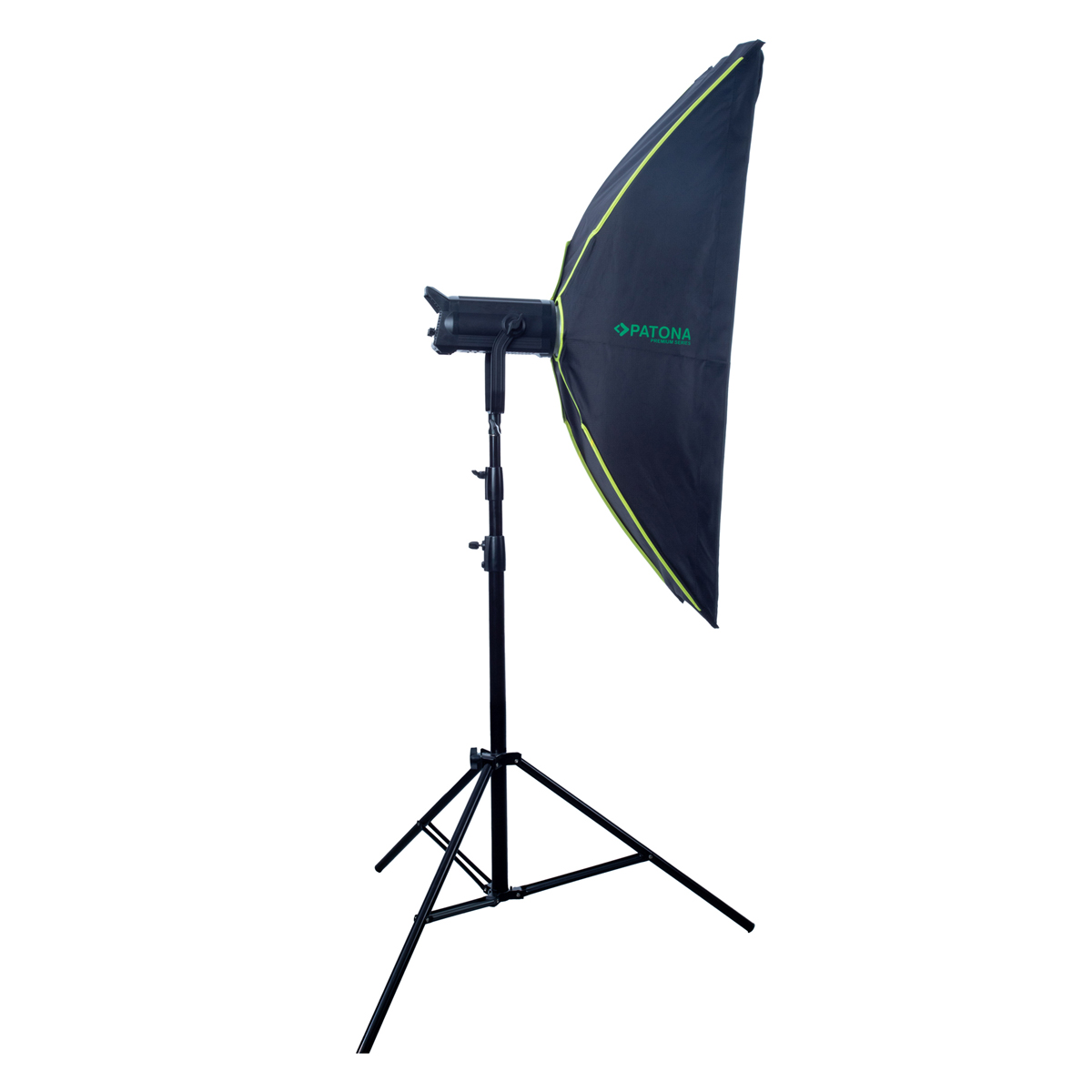 Studioleuchte mit einem schwarz-grün akzentuierten Softbox auf einem Ständer, vor weißem Hintergrund.