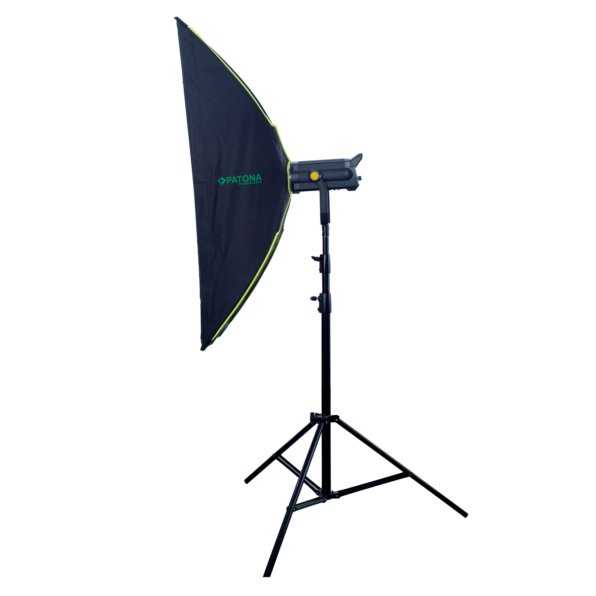 Ein schwarz-grünes Studio-Licht mit großem, schwarz-gelb gefüttertem Reflektor.