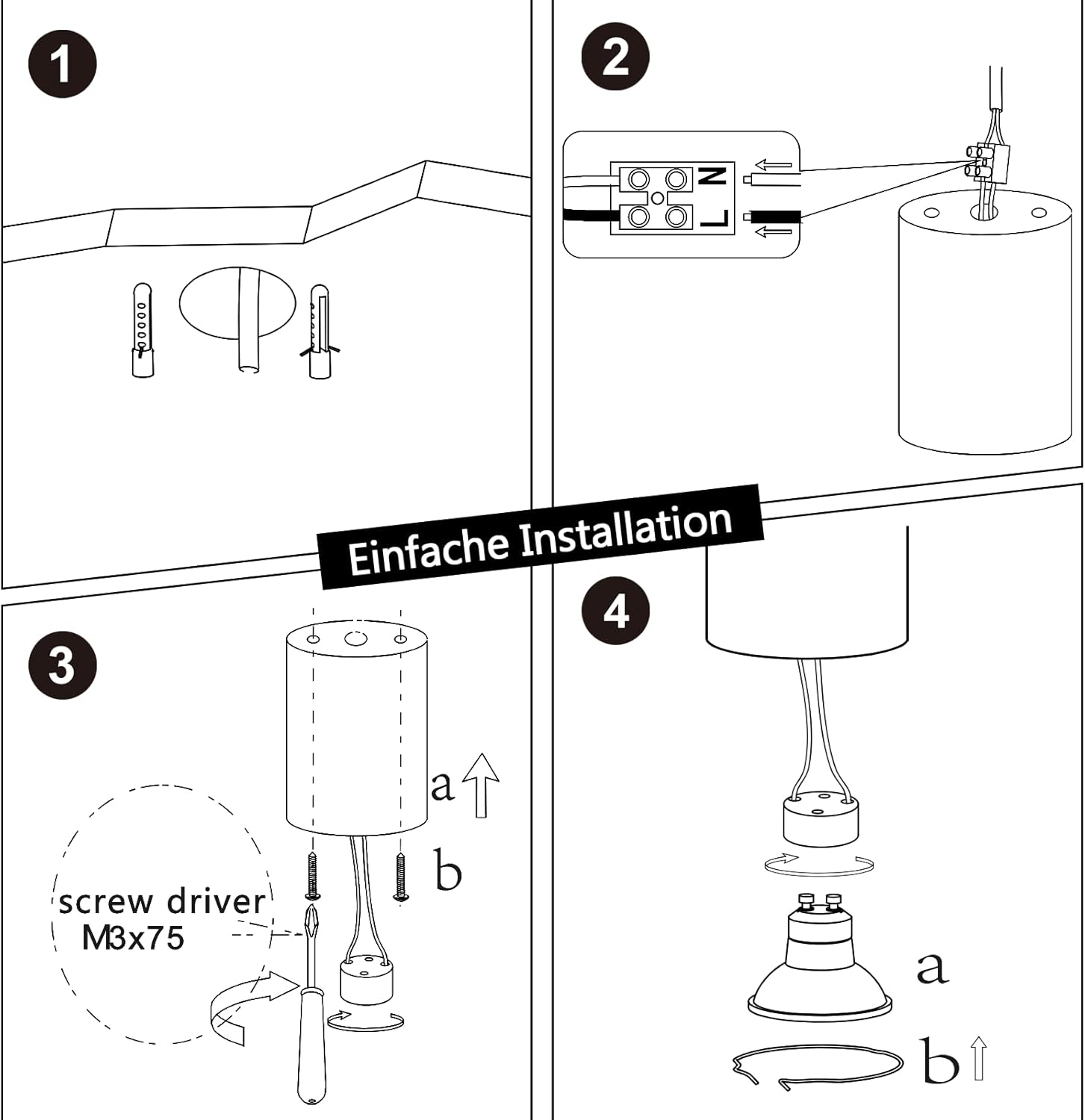 Imagen instructiva de la instalación de una lámpara de techo. Muestra los pasos con destornillador y cableado.