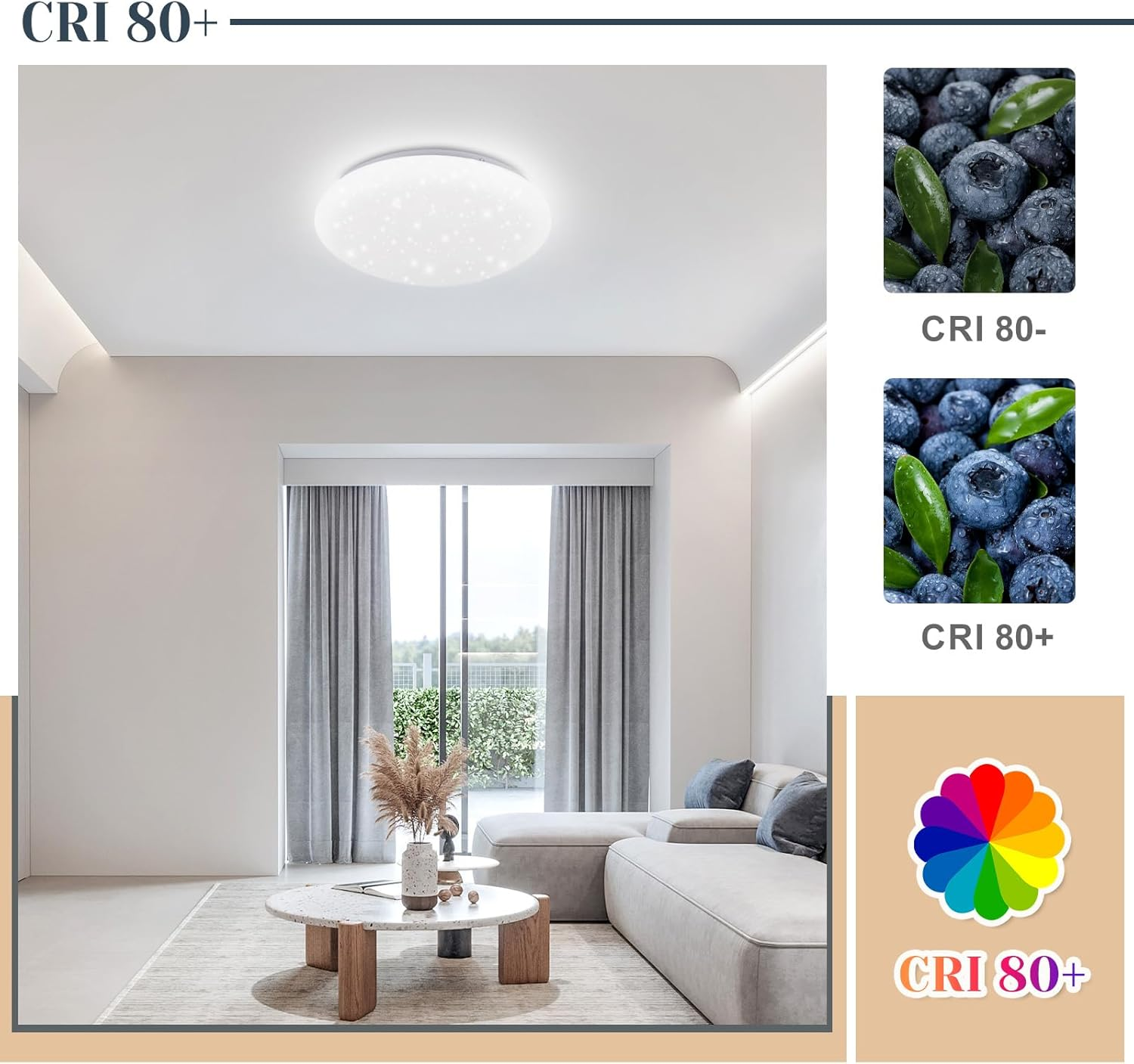 Sala moderna con luz de techo, sofá y ventana con cortinas.