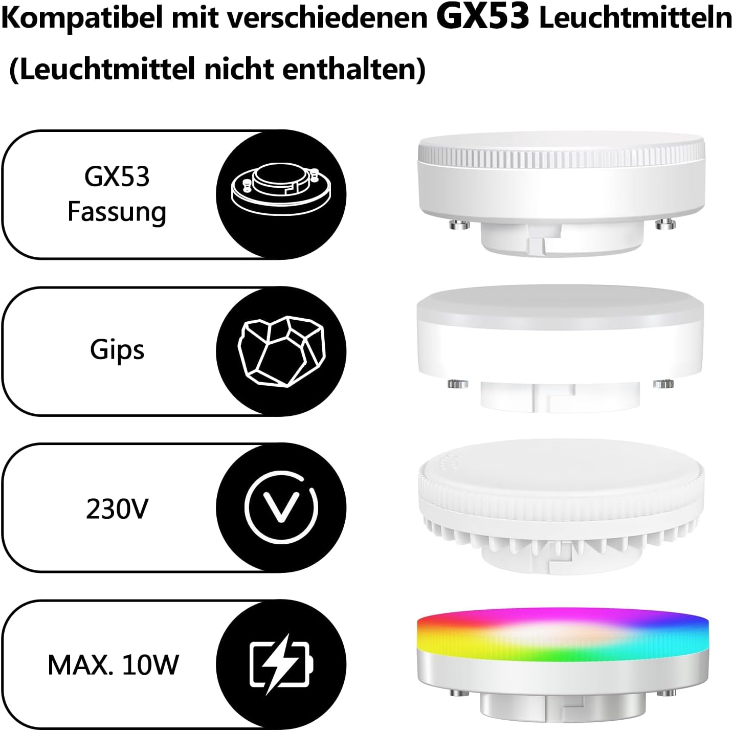 Se muestran lámparas blancas con diferentes diseños. Las etiquetas indican GX53, Gips, 230V y MAX. 10W.