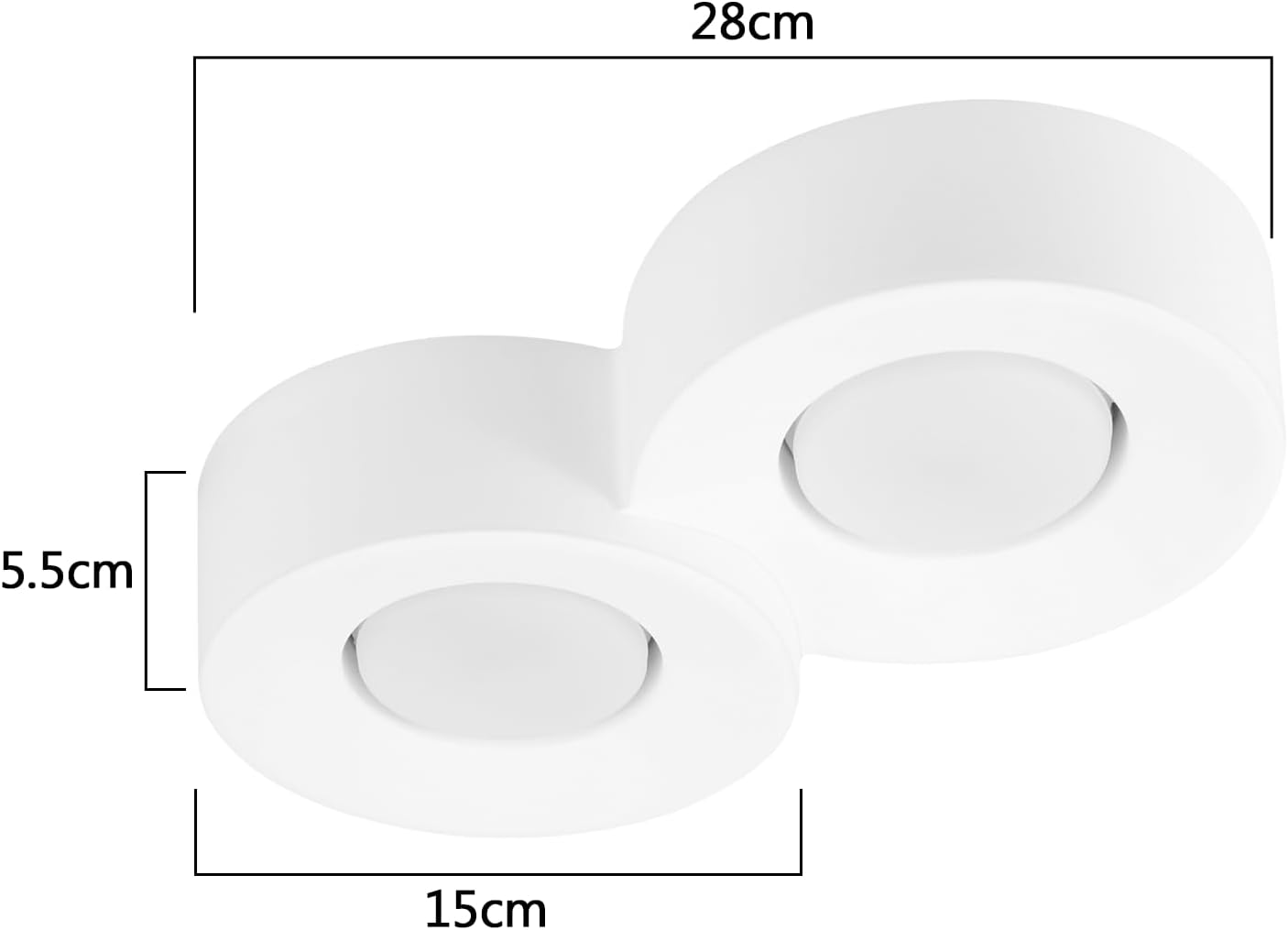 Una lámpara de techo blanca con dos luces circulares y medidas.