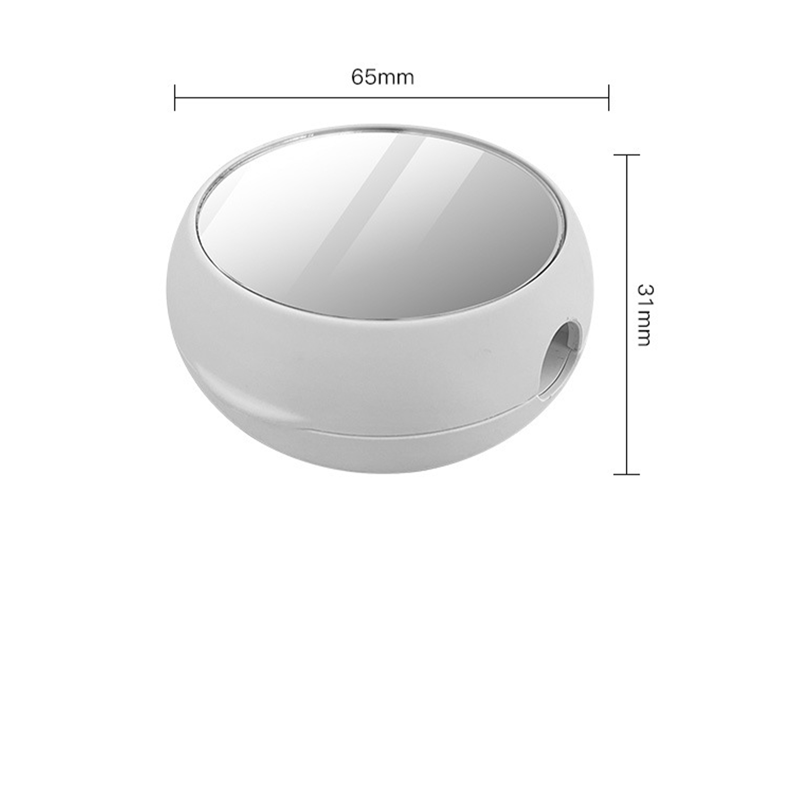Ein kleiner weißer runder Spiegel mit beschrifteten Maßen: 65 mm breit, 31 mm hoch.