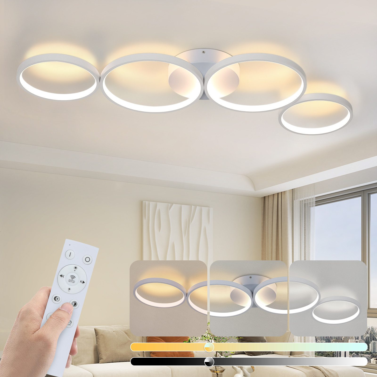 Lampa sufitowa z wieloma białymi pierścieniami. Pilot i opcje ściemniania pokazane na zdjęciu.