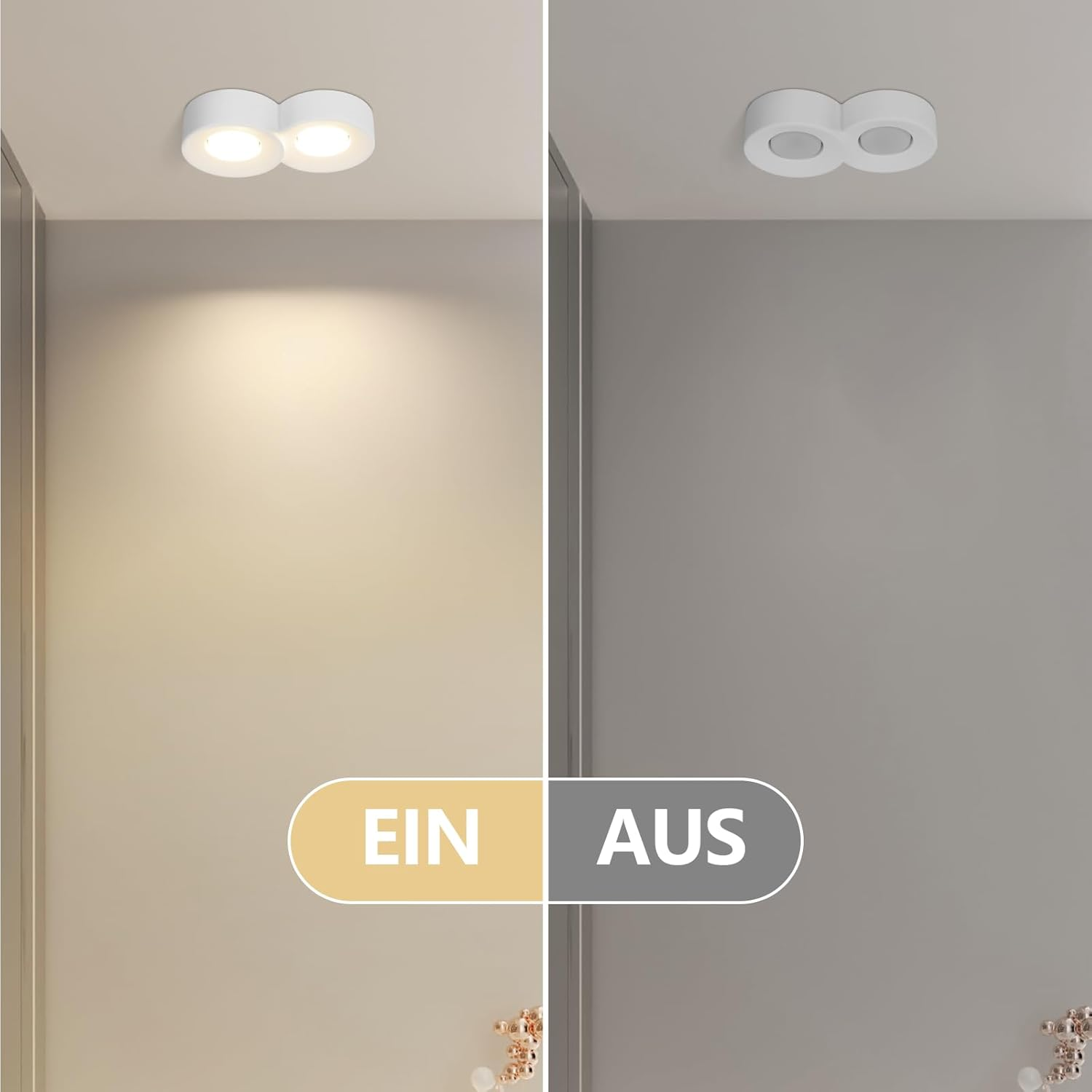 Dos luces de techo redondas, una encendida, otra apagada. La encendida es brillante, la apagada tenue.