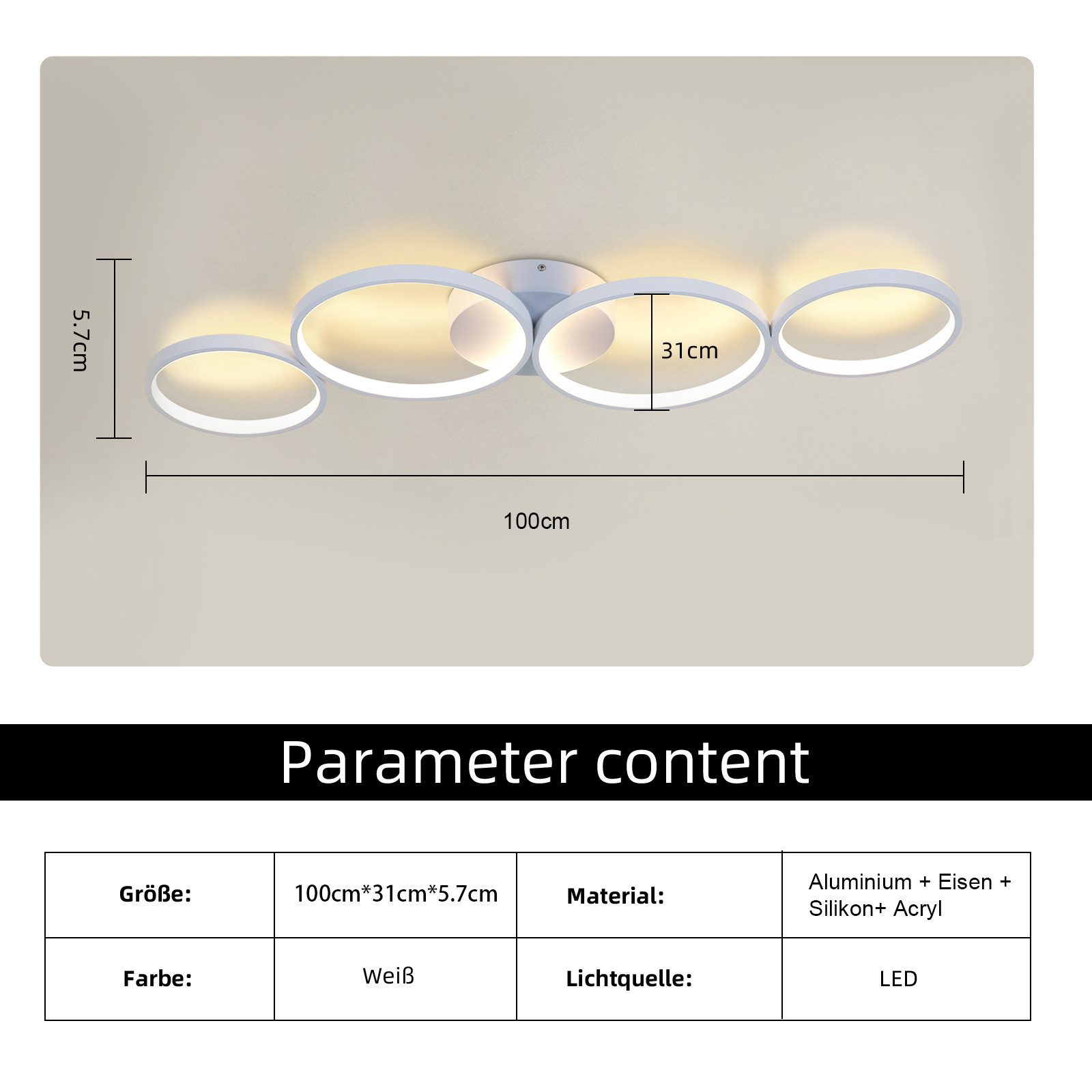 Biała lampa sufitowa z czterema okrągłymi światłami i tabelą z wymiarami produktu.