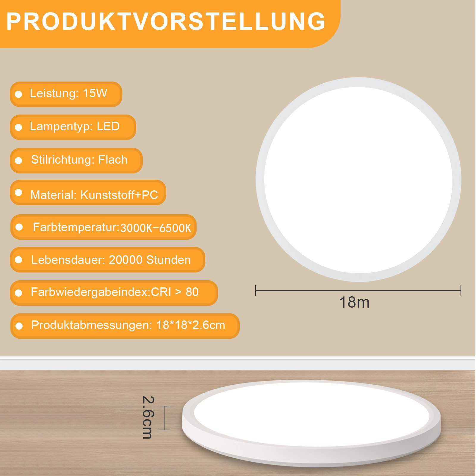 Weißes rundes LED-Panel mit Abmessungen und Produktspezifikationen. Text: Produktpräsentation.